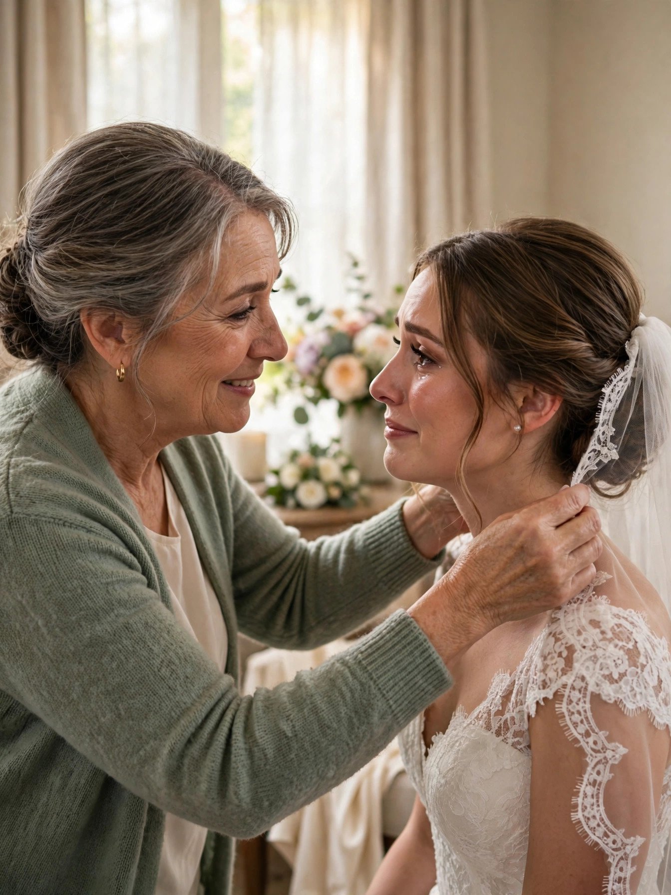 Mother sharing heartfelt marriage wisdom with bride before ceremony