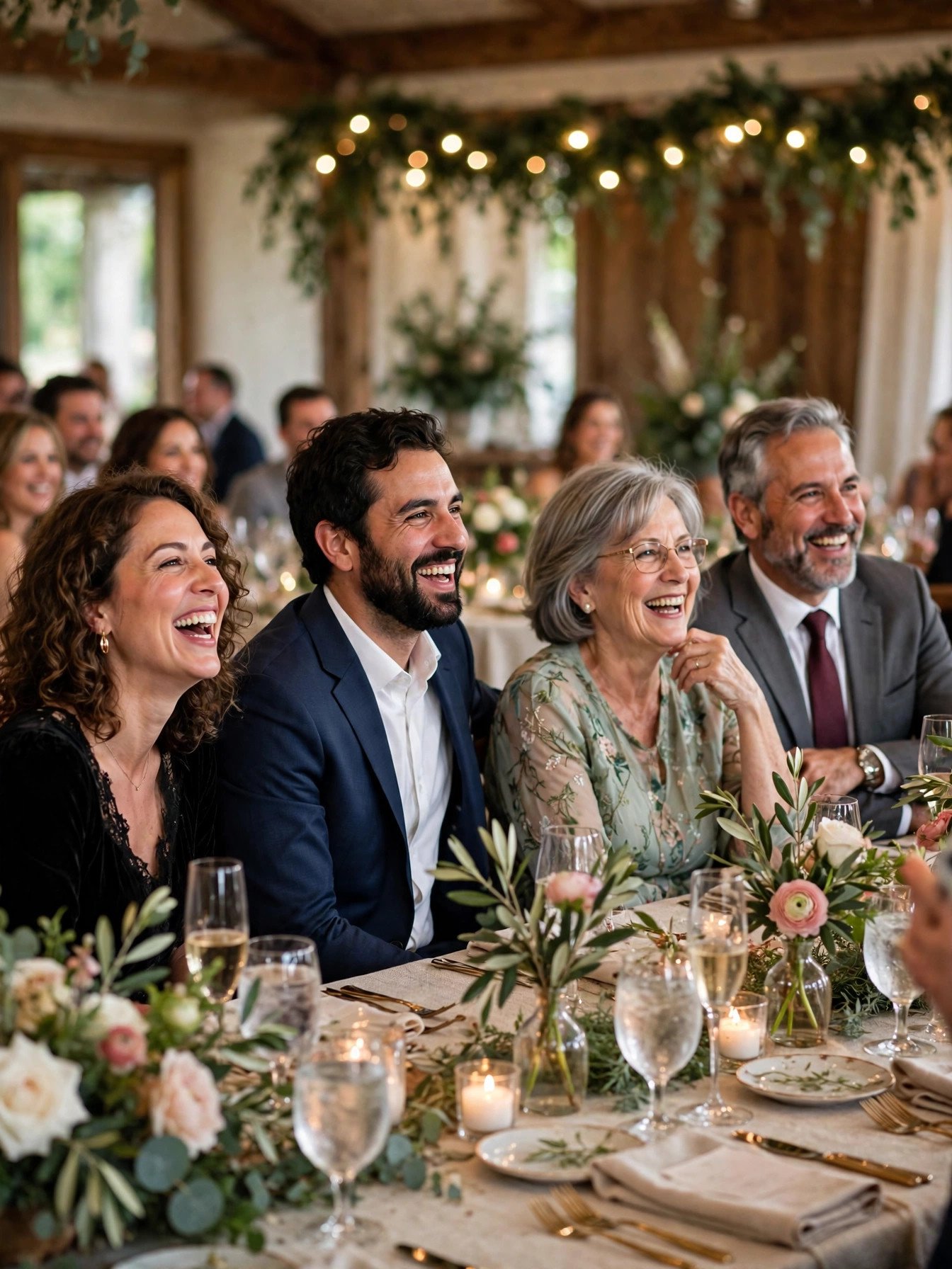 Wedding guests laughing warmly during mother of the bride speech