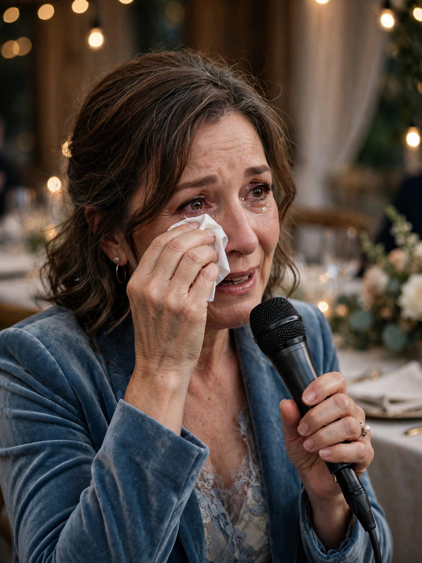 Emotional mother of the bride wiping happy tears during wedding speech