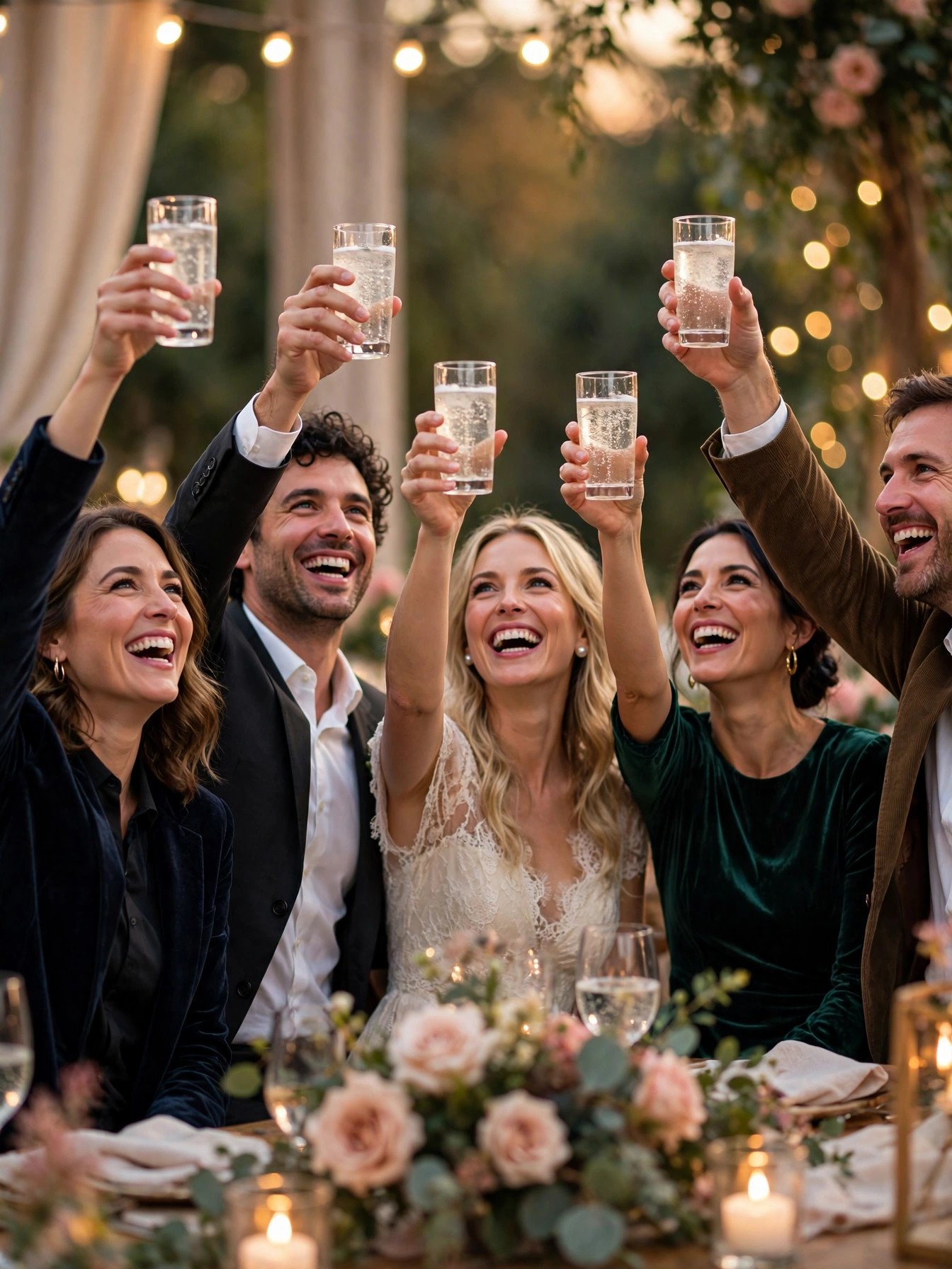Wedding guests raising glasses for mother of the bride closing toast
