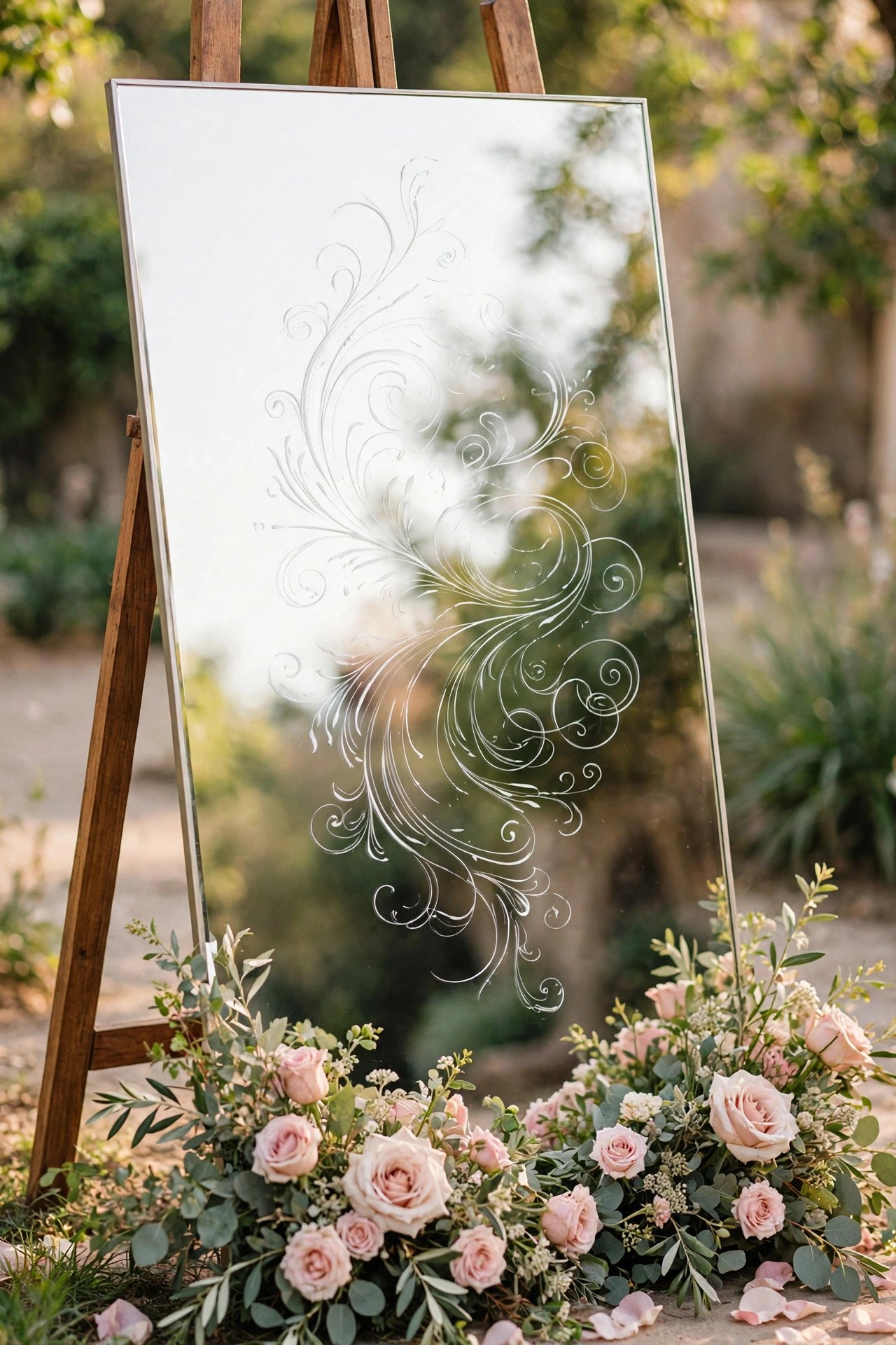 Wedding welcome sign written on a LOTS wall mirror with white calligraphy and flowers at its base