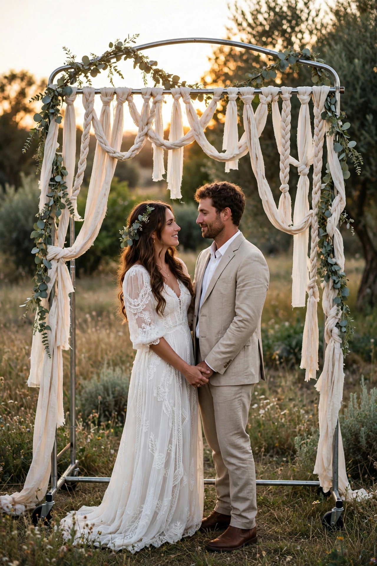 Boho wedding ceremony arch made from a RIGGA garment rack draped with knotted cream fabric and eucalyptus