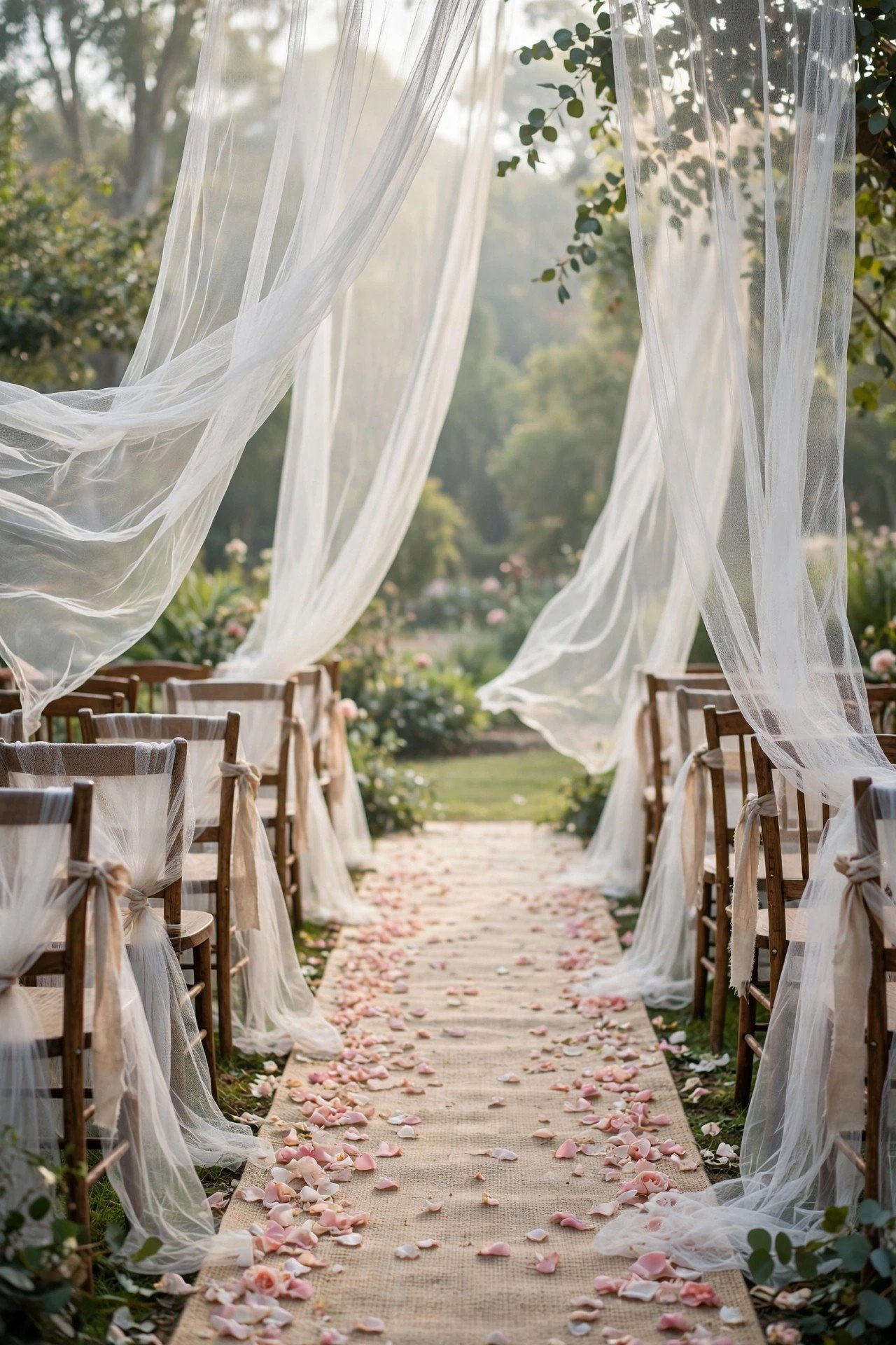 Sheer LILL net curtains tied along a wedding ceremony aisle billowing in the breeze