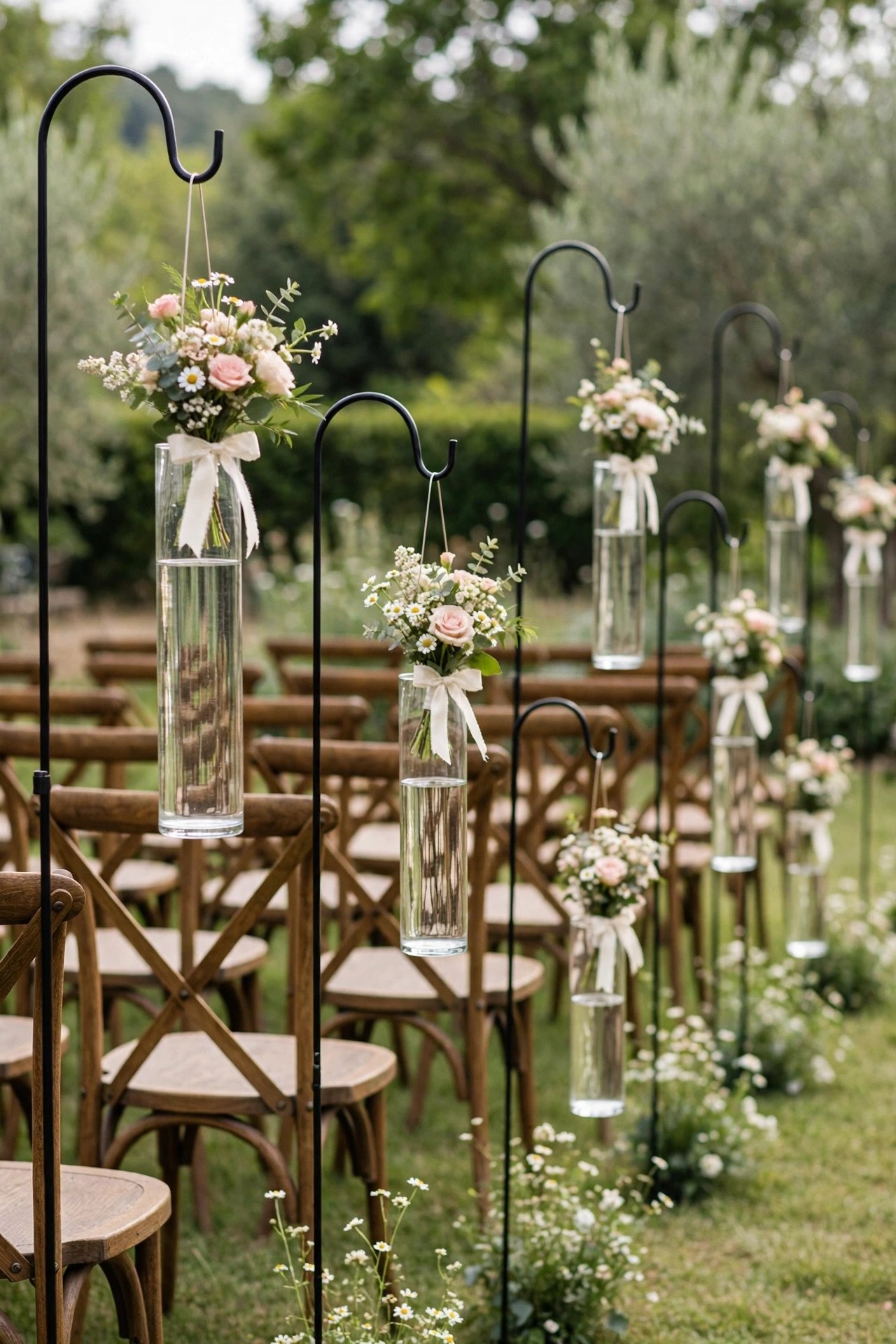 Glass CYLINDER vases in three heights with wildflowers marking a wedding ceremony aisle