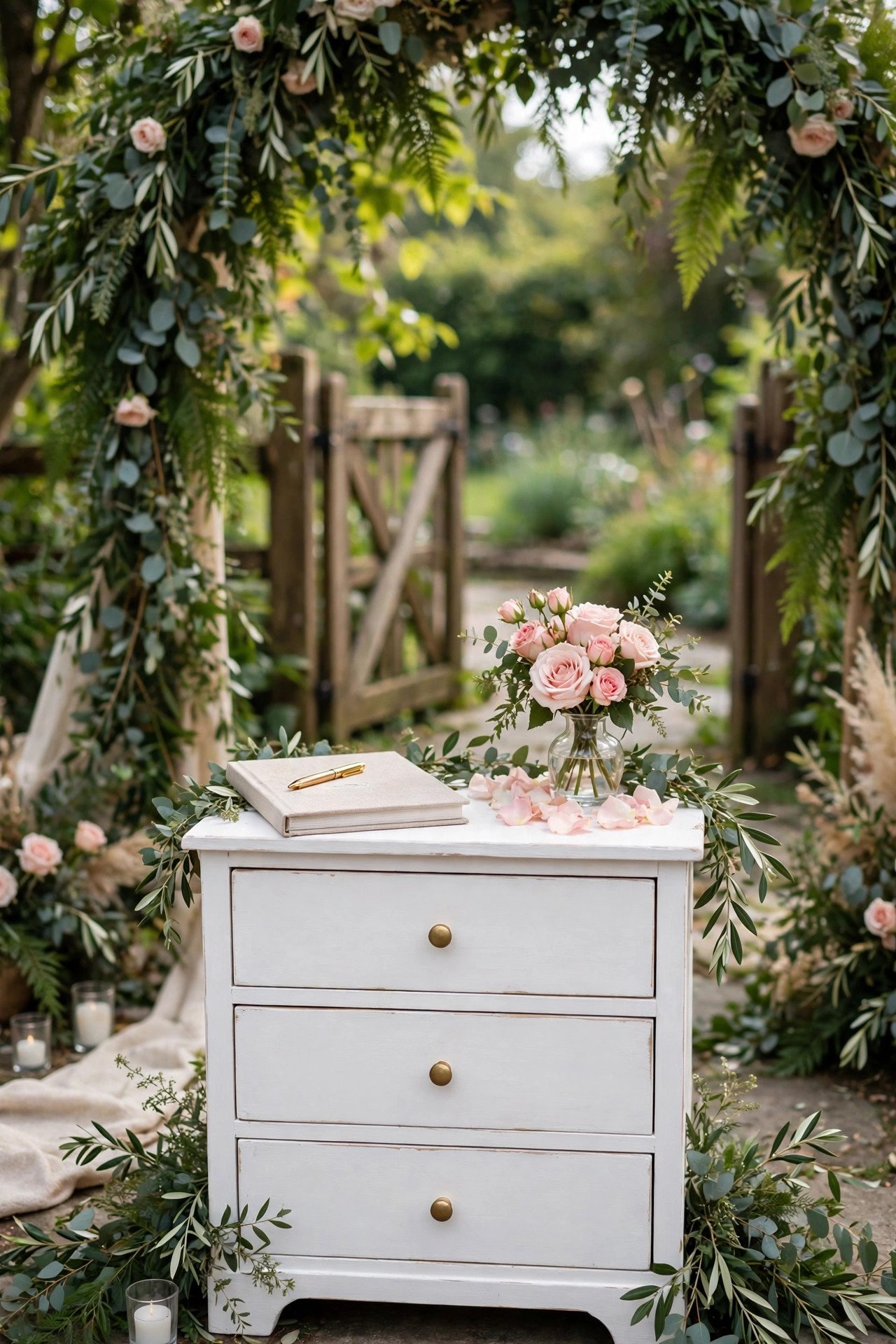 White painted RAST chest of drawers styled as a wedding signing table with guest book and roses