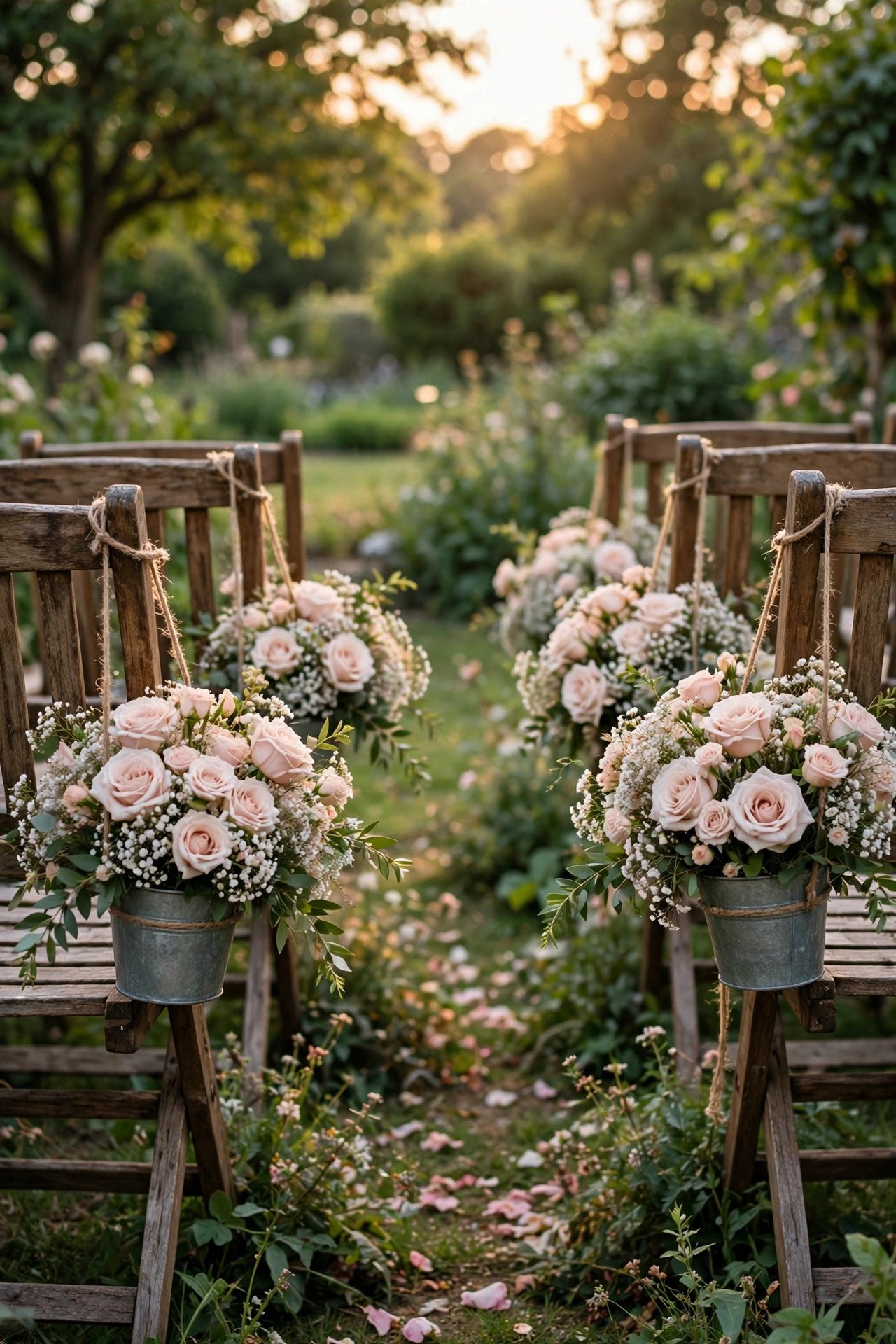 SKURAR metal flower pots hung with twine on wedding ceremony chairs with blush roses
