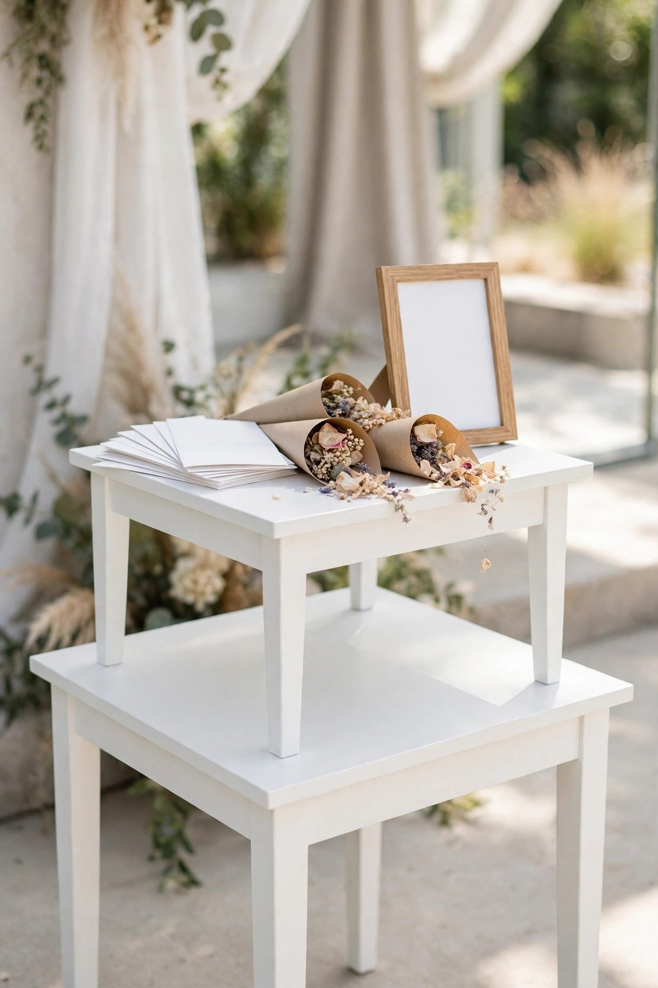 White LACK side tables styled as a wedding program and confetti station at a ceremony entrance
