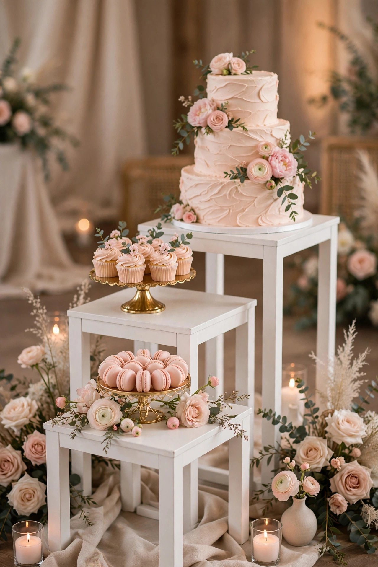 Dessert display built from three stacked LACK side tables with wedding cake, cupcakes and macarons