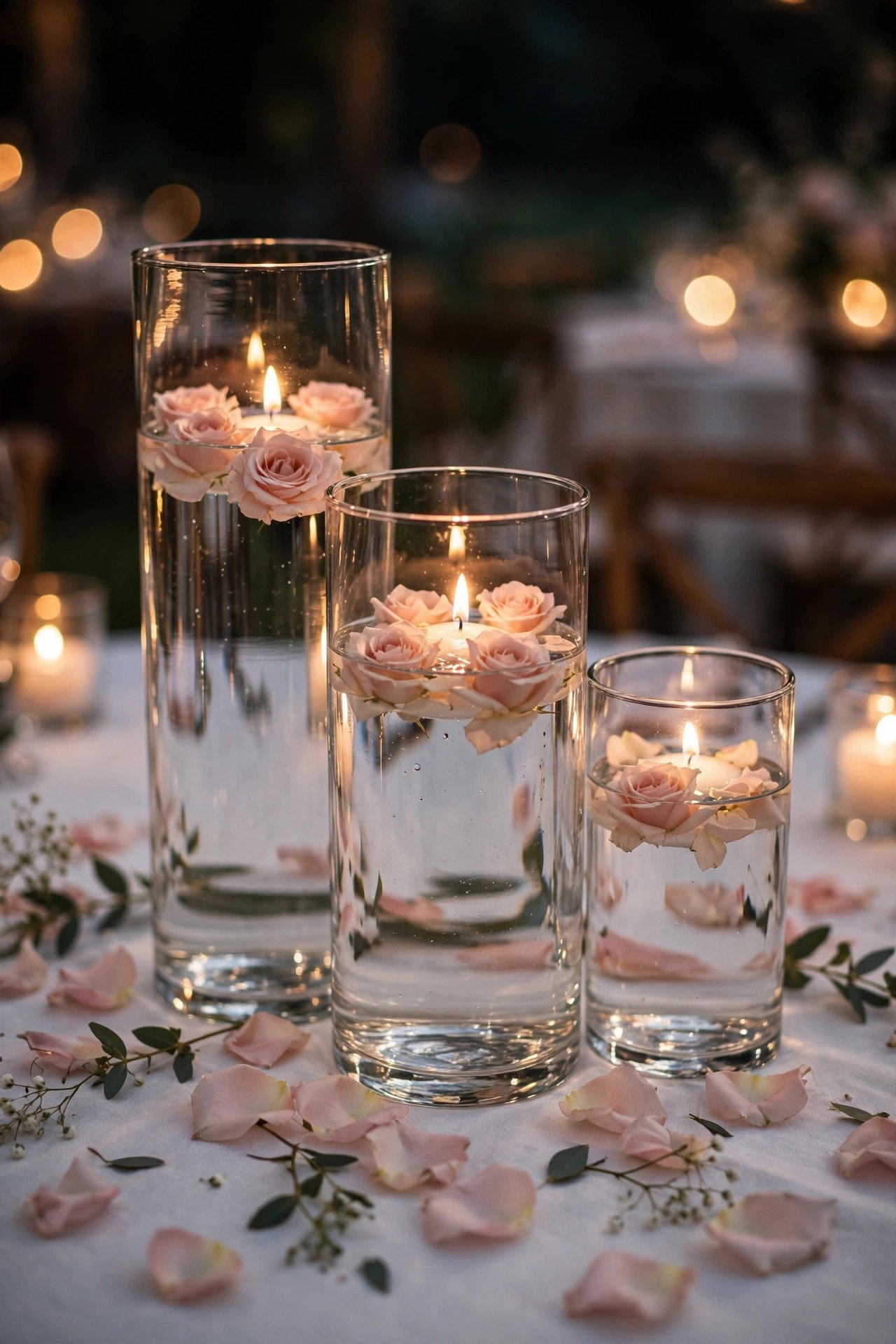 Trio of CYLINDER glass vases in three heights with floating candles and rose heads as wedding centerpiece