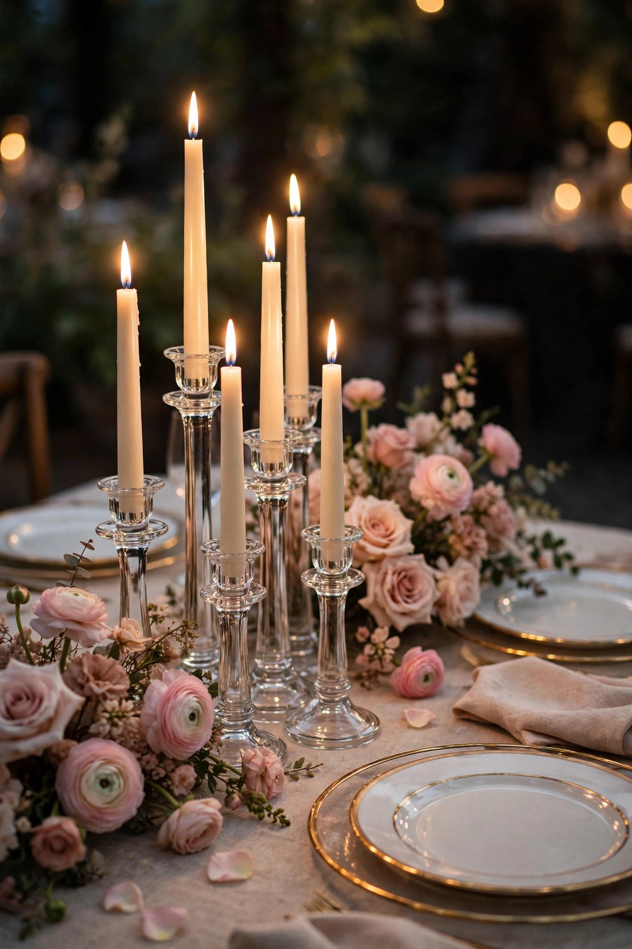 Cluster of BLOMSTER glass candlesticks in varying heights with ivory taper candles on a wedding table