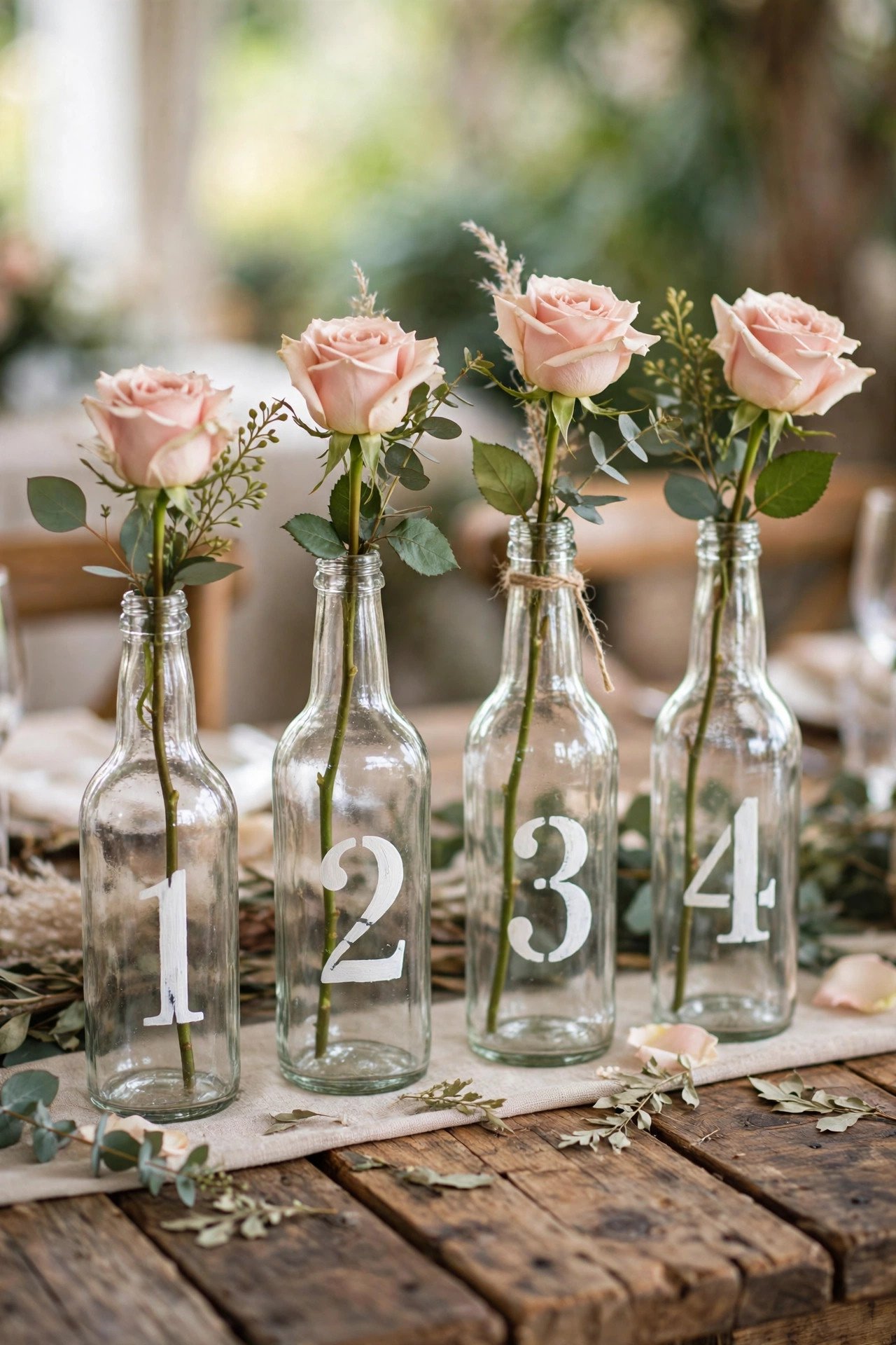 KORKEN glass bottles with stenciled table numbers holding single roses on a wedding table
