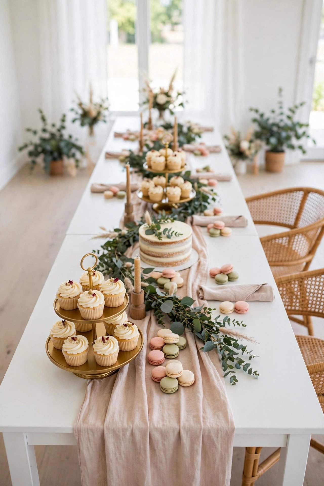 LINNMON white table styled as a wedding dessert table with blush runner, cupcakes and eucalyptus