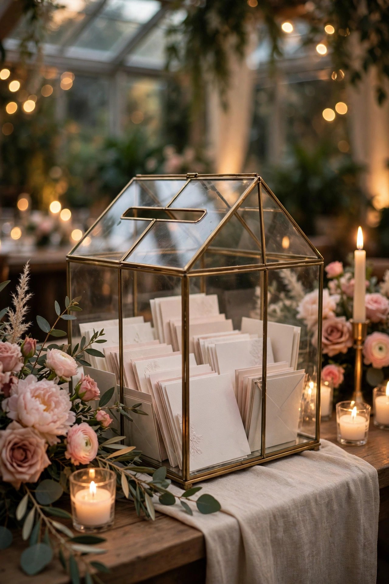 SOCKER glass greenhouse used as a wedding card box with calligraphy and flowers