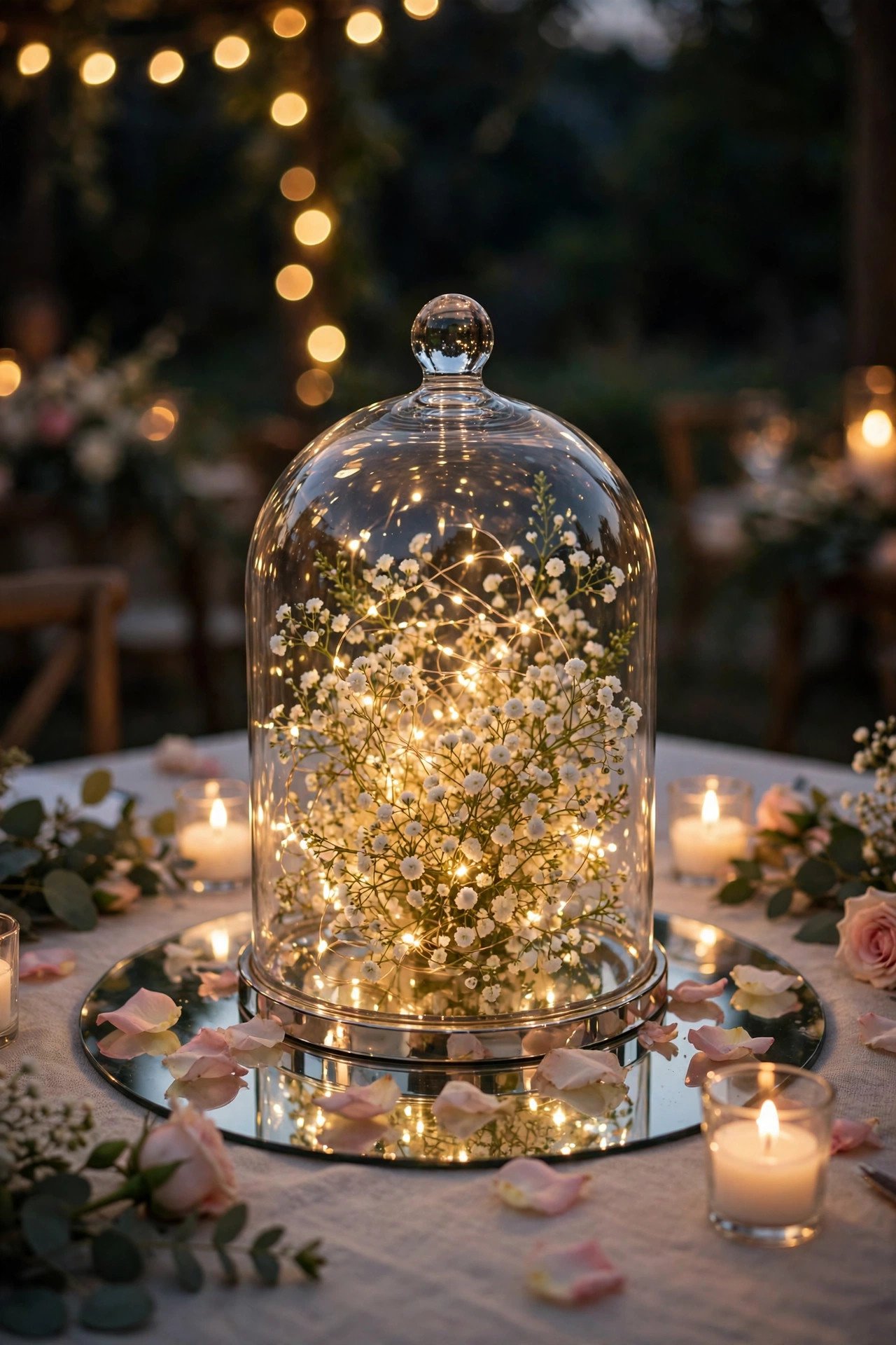 BEGAVNING glass bell jar centerpiece filled with fairy lights and white flowers on a wedding table