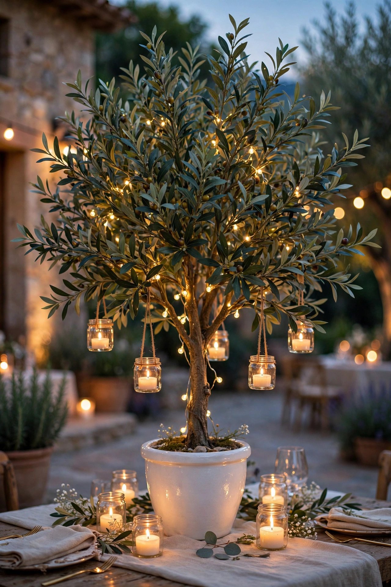 FEJKA artificial olive tree in a white pot with fairy lights as a wedding table centerpiece at dusk