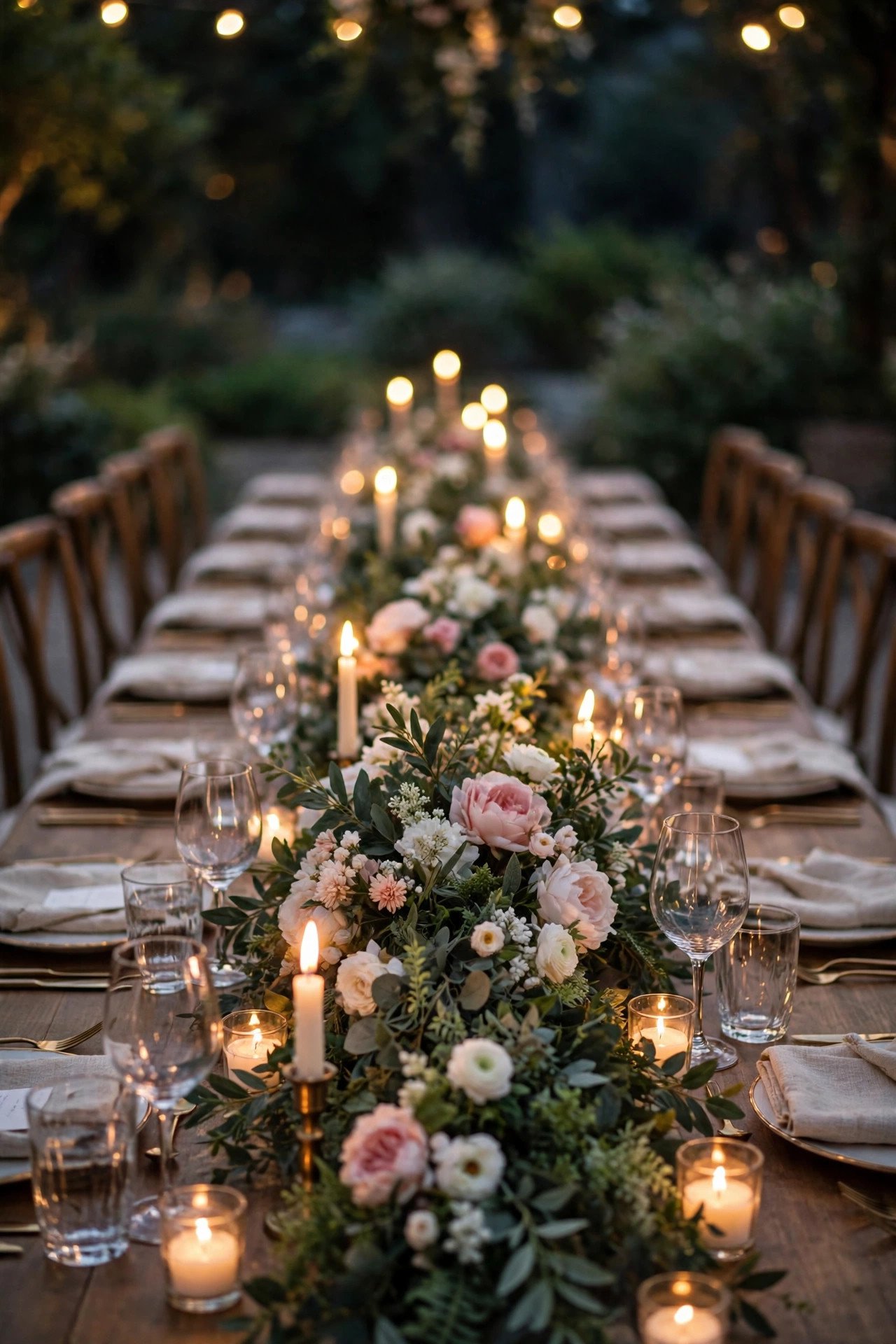 SMYCKA artificial flower garland running down a wedding table with candles between the leaves