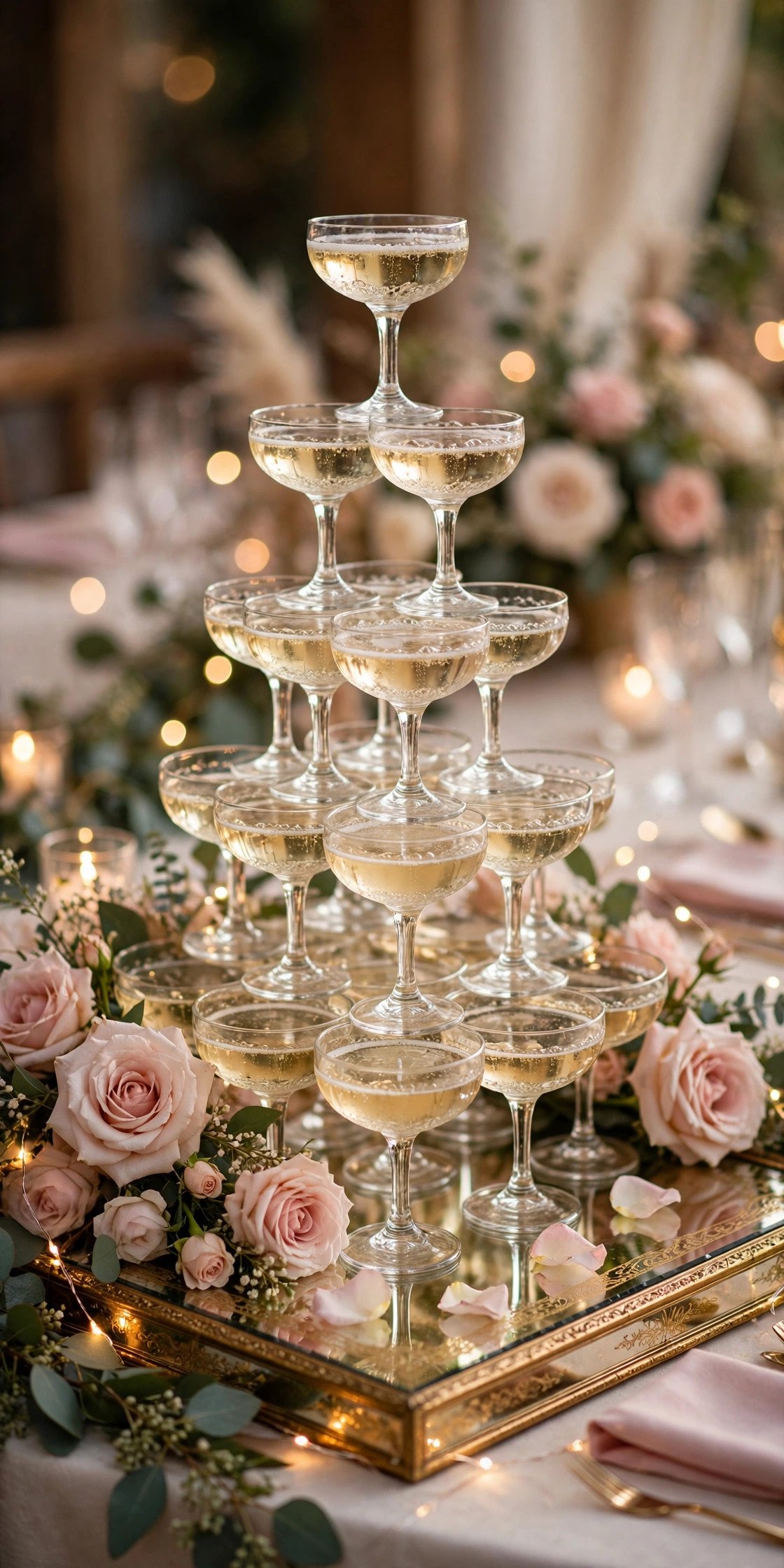 STORHET champagne coupe tower on a gold tray with roses and fairy lights at a wedding