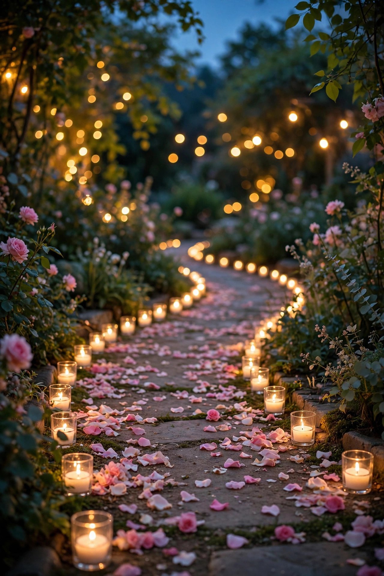 Outdoor wedding pathway lined with glowing GLIMMA tea lights in glass holders at dusk