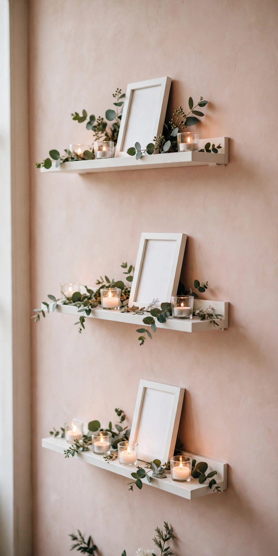 RIBBA picture ledges on a blush wall displaying framed wedding menu cards with eucalyptus