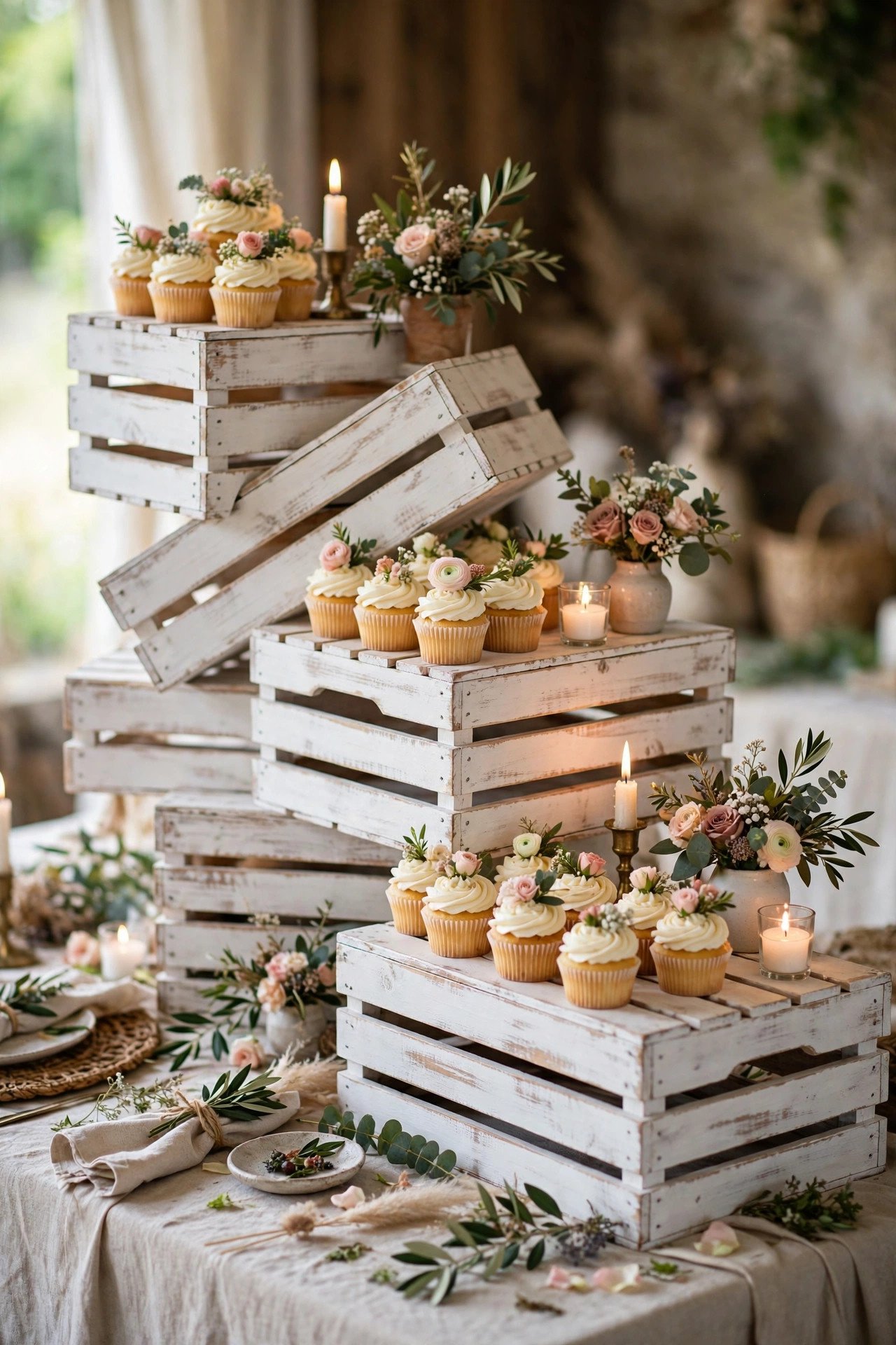 KNAGGLIG pine crates stacked as risers on a wedding dessert table with cupcakes and candles