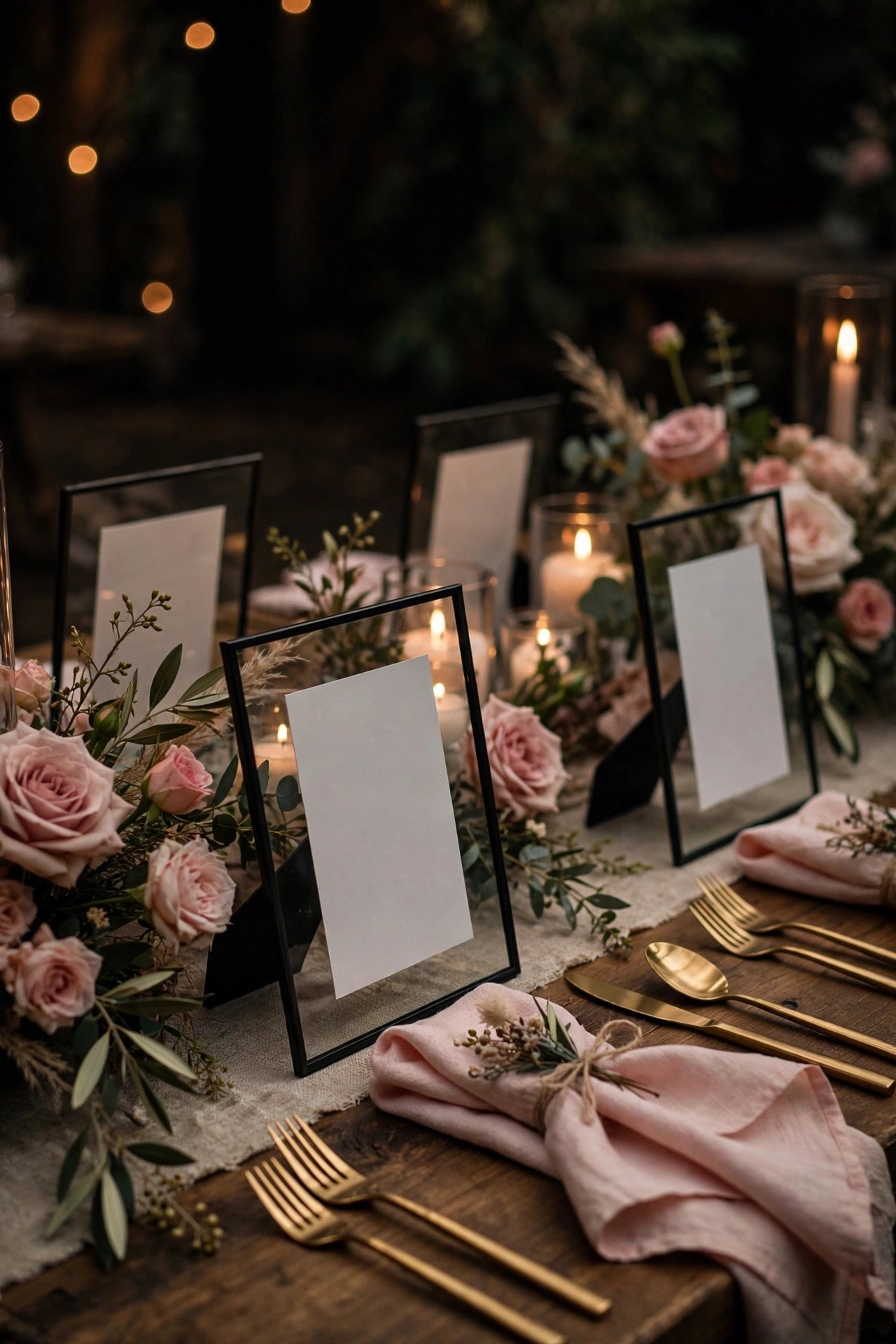 LERBODA glass picture frames holding wedding menu cards on an elegant table setting
