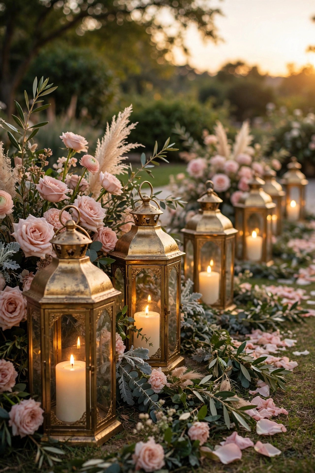 BORRBY metal lanterns spray-painted gold glowing with candles along a wedding aisle at dusk
