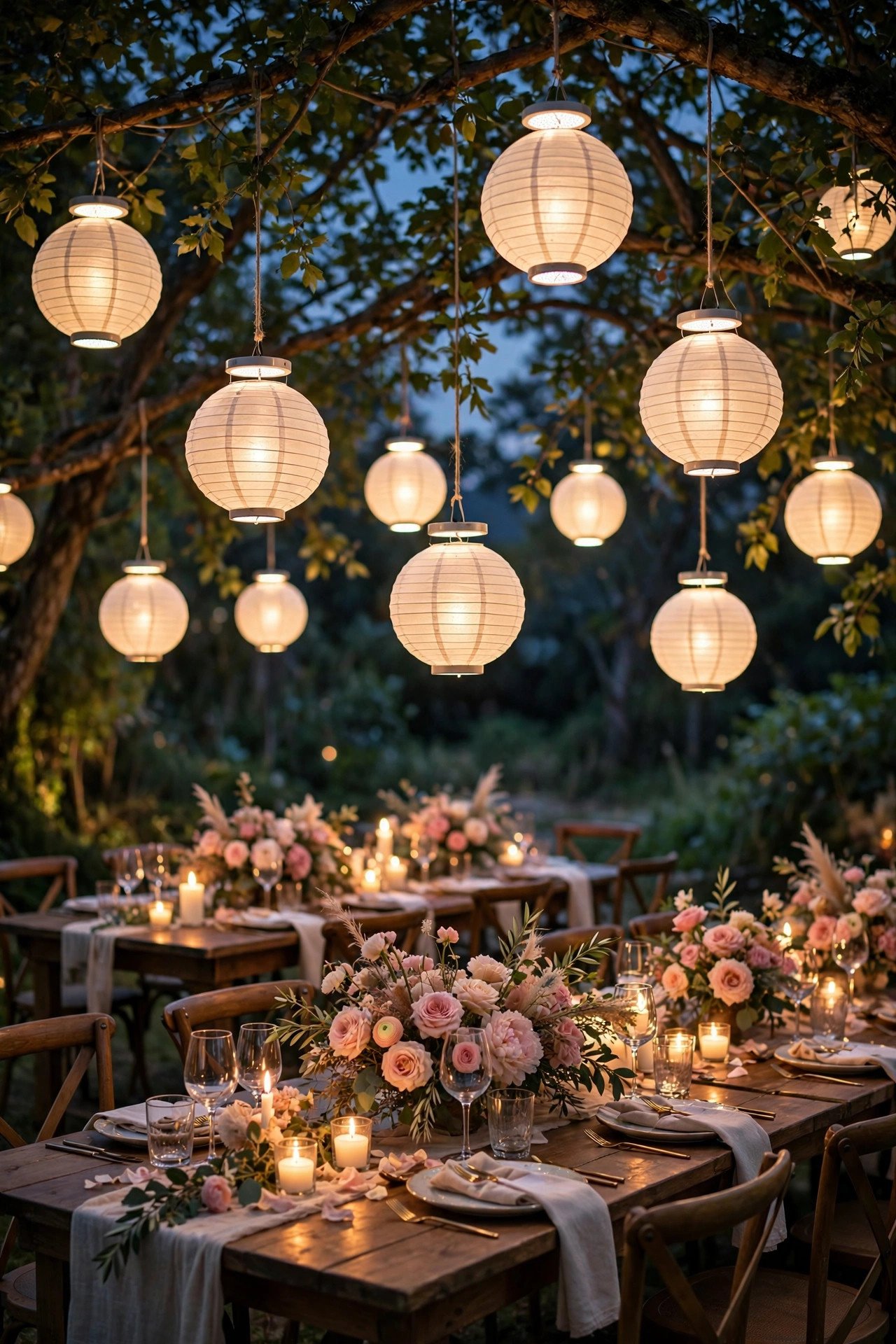 SOLVINDEN solar paper globe lanterns hanging from trees over an outdoor wedding dinner at dusk