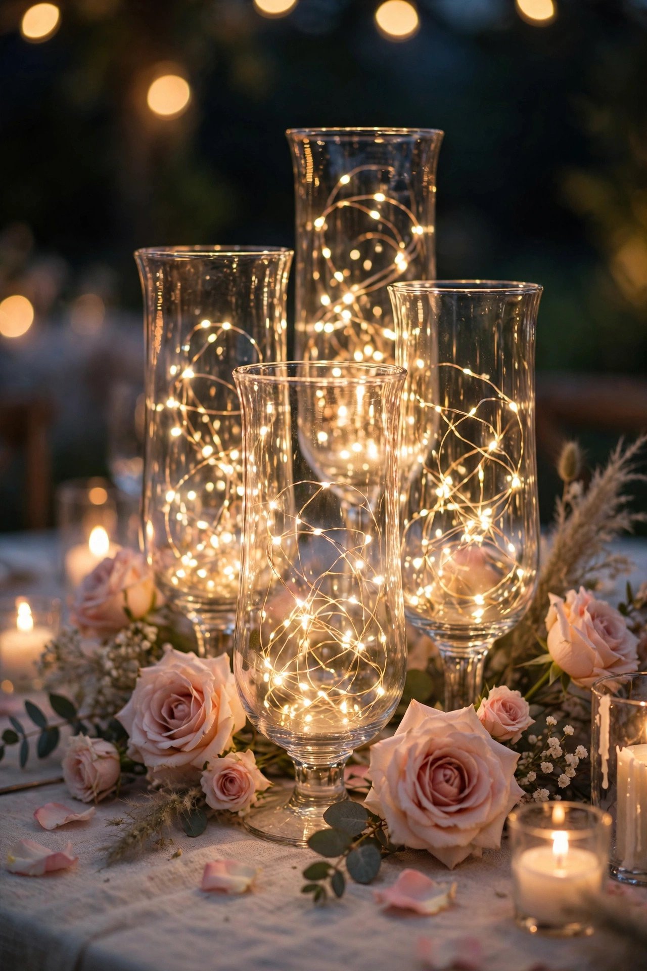 Glass hurricane vases filled with fairy lights glowing on a wedding table with roses