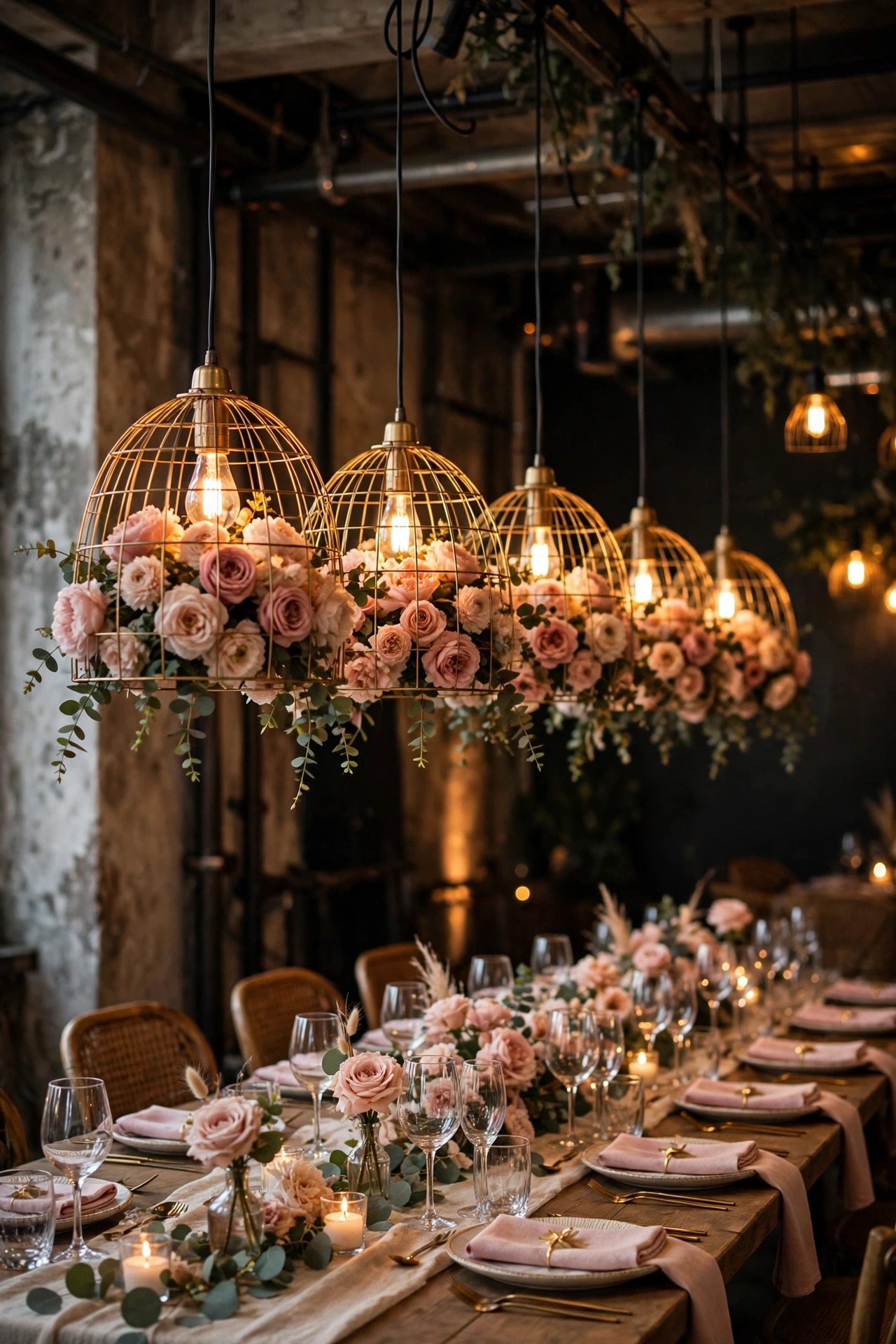 BRUNSTA wire lamp shades sprayed gold and filled with blush flowers hanging as wedding pendant lights