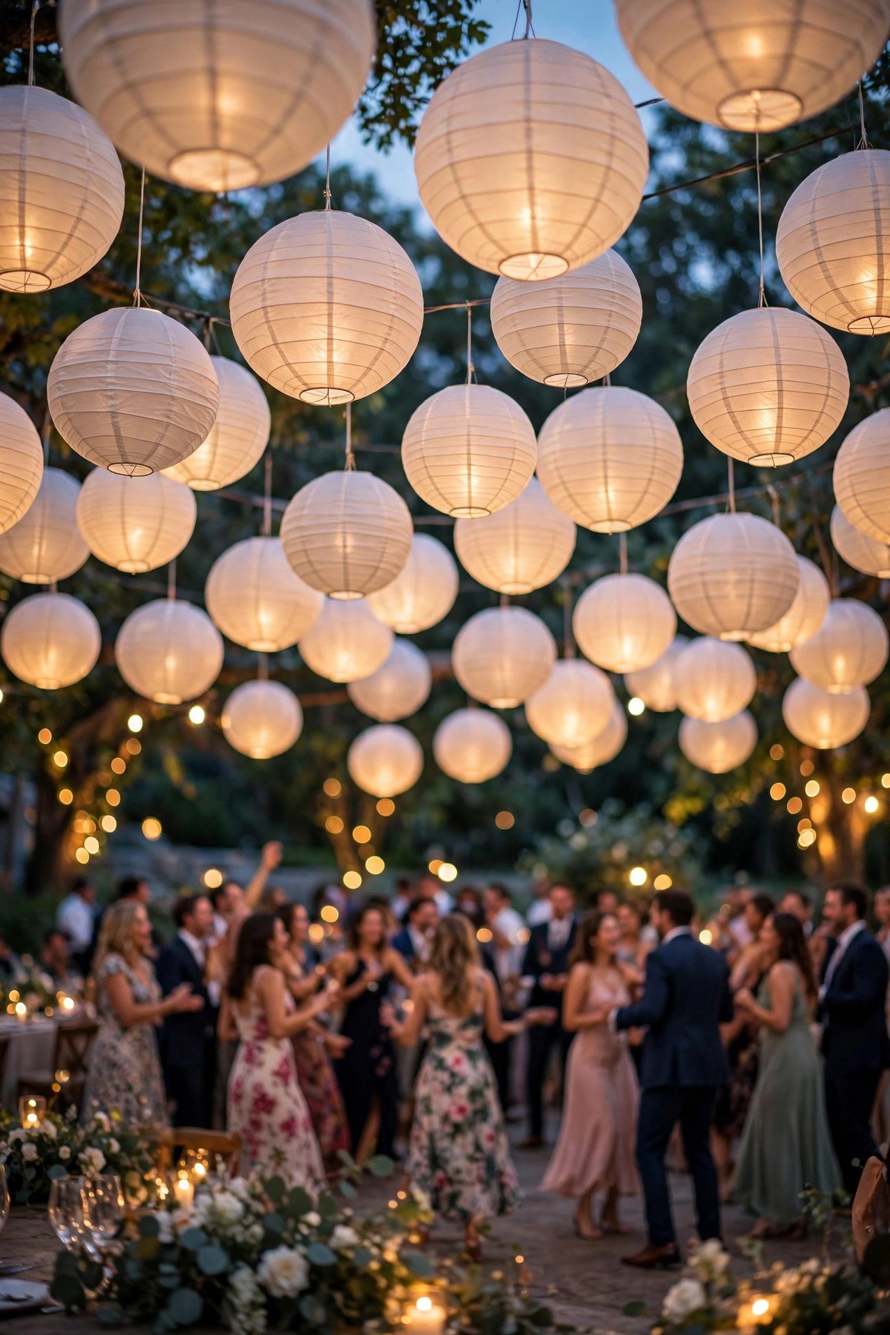 Canopy of REGOLIT white paper globe lanterns hanging over a wedding dance floor at dusk