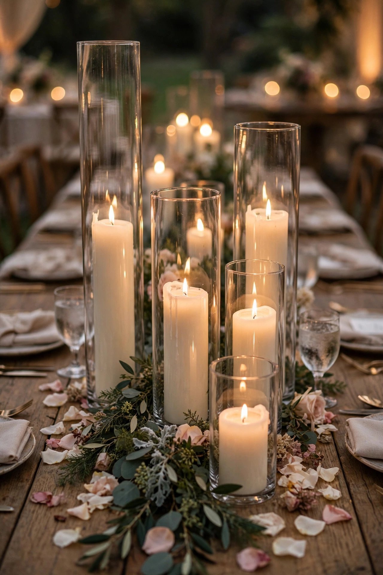SINNLIG pillar candles in glass hurricane columns of different heights on a wedding table
