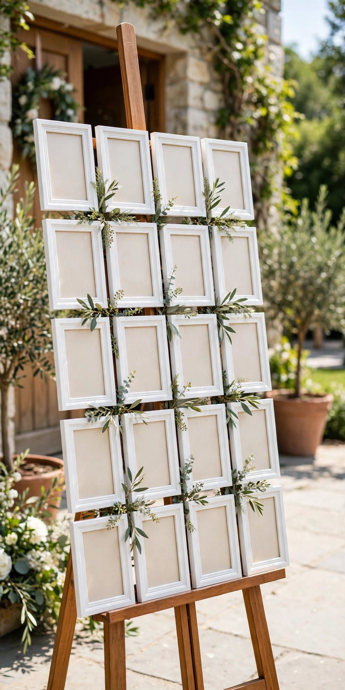 Seating chart wall made of KNOPPANG white picture frames on a wooden easel with greenery
