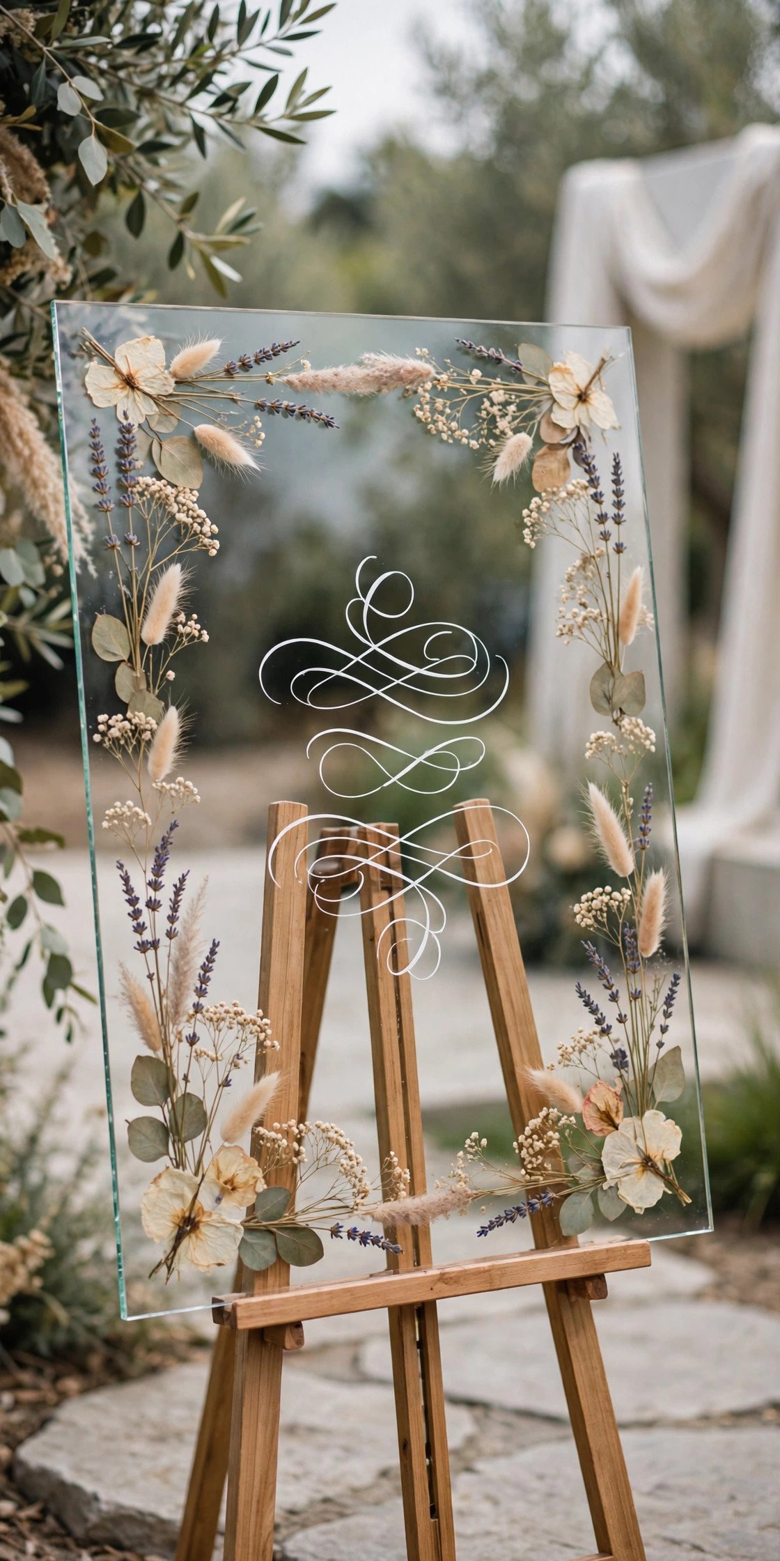 FISKBO clear glass frame as a floating wedding welcome sign with dried flowers inside