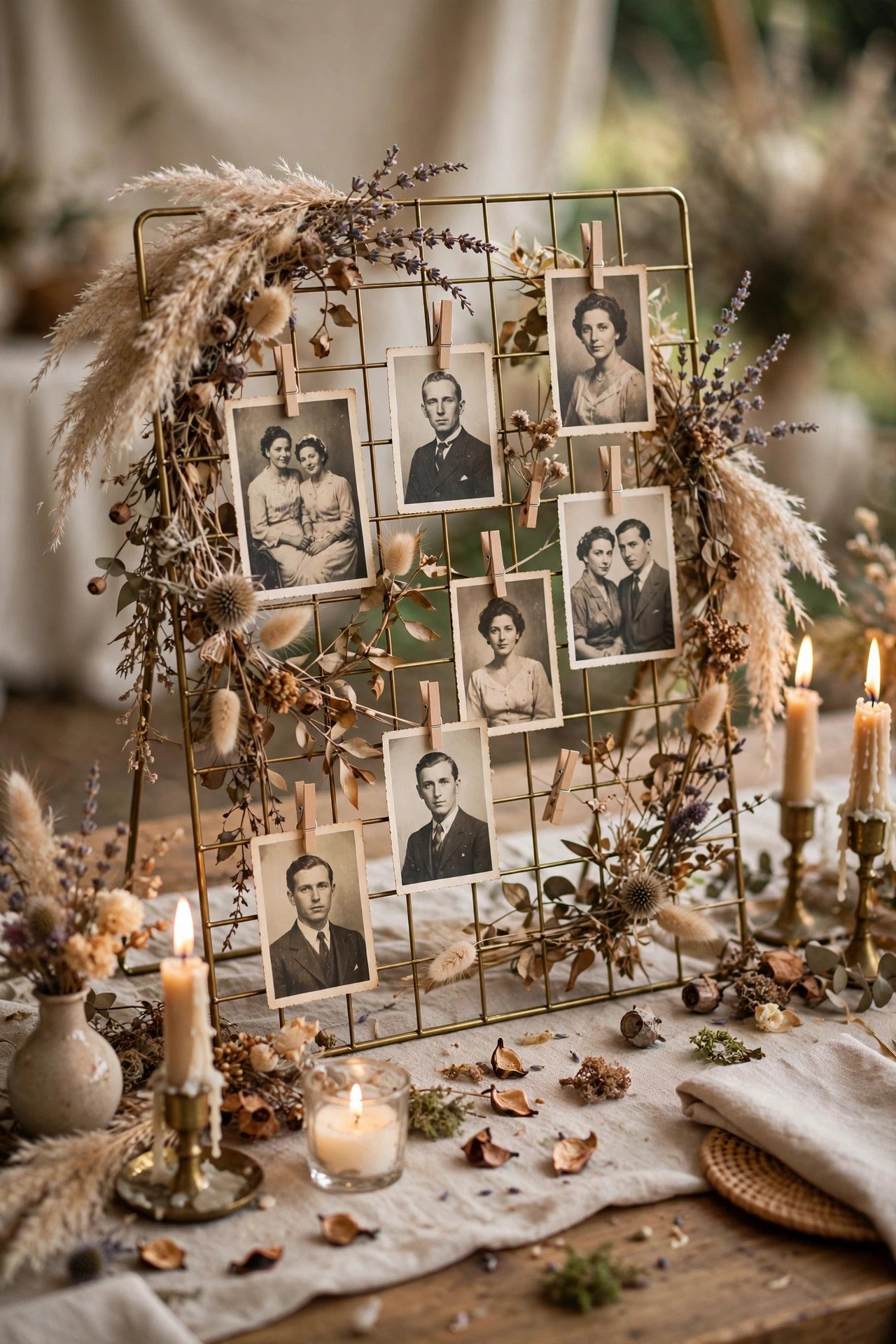 MYRHEDEN brass wire memo board with guest photos and message cards at a wedding welcome table