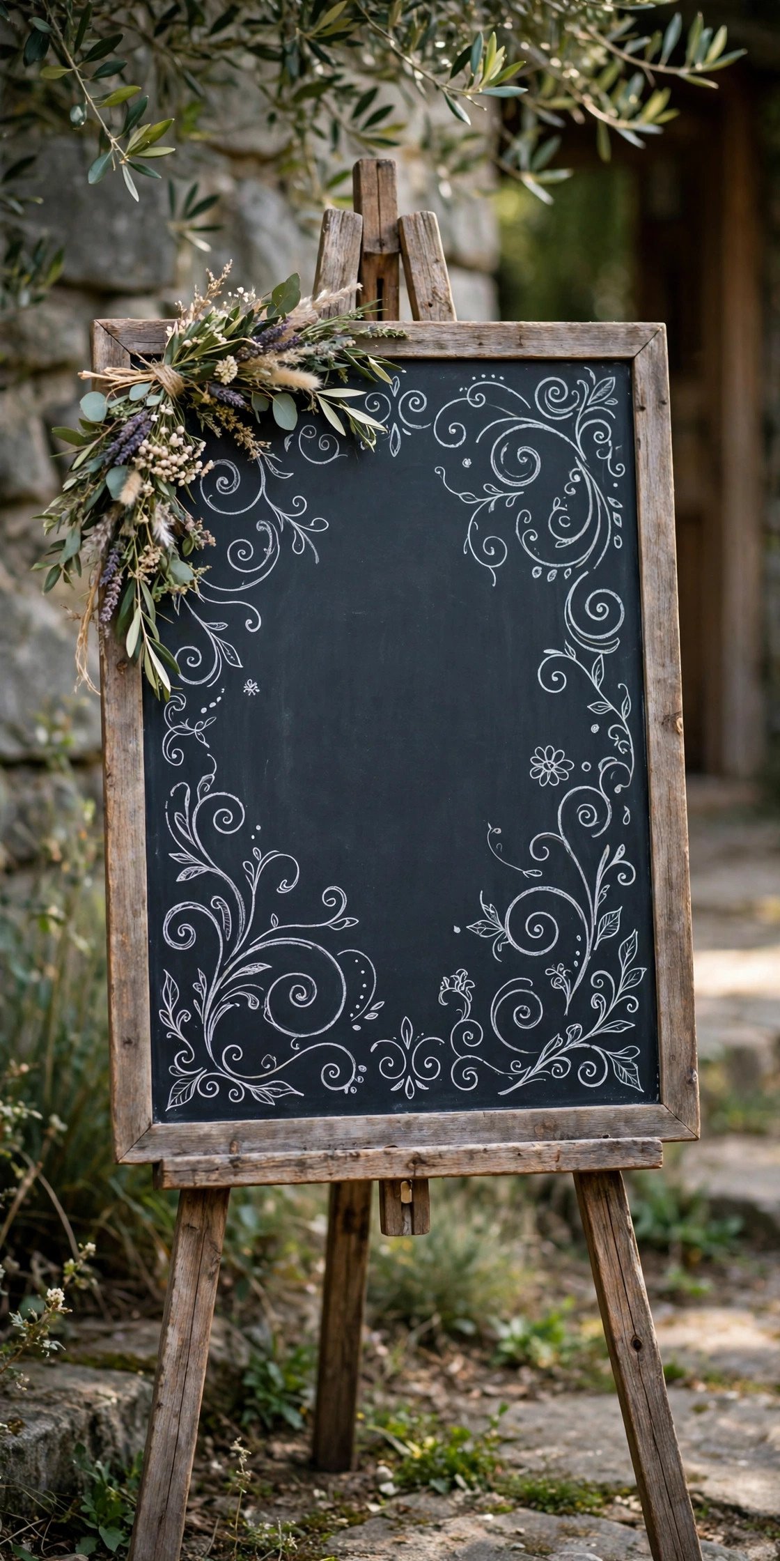 SVENSÅS framed chalkboard wedding sign with calligraphy on a wooden easel with flowers