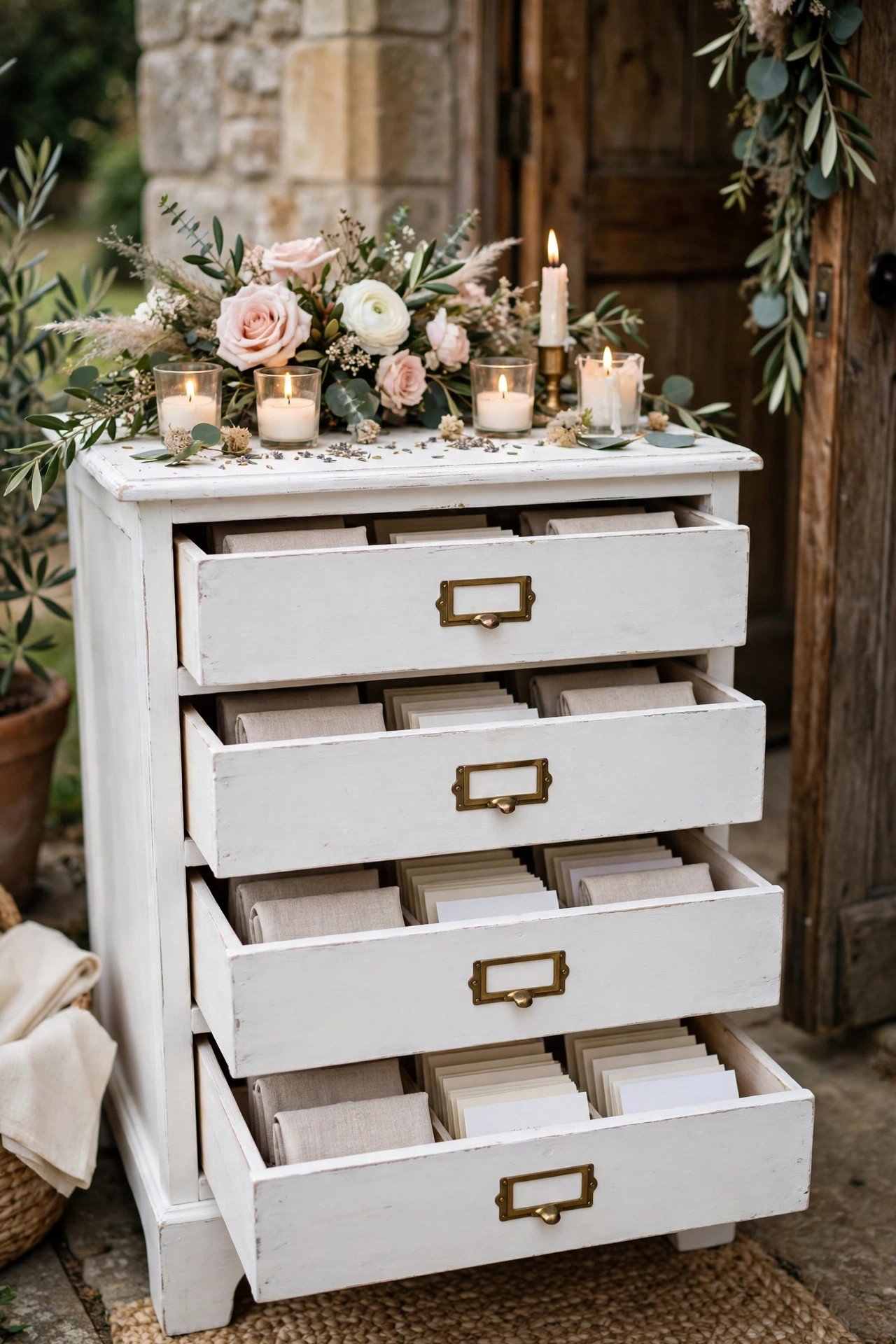 White RAST chest of drawers as a wedding table-assignment station with numbered drawers and name cards