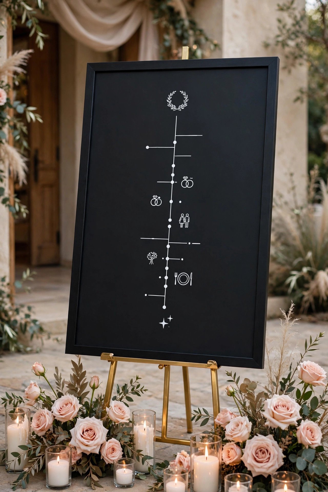 Large UNG DRILL black frame with vinyl wedding timeline lettering on a gold easel with roses