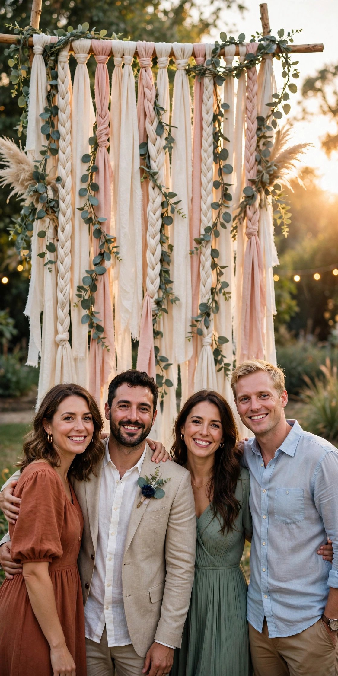 DITTE knotted fabric strips in cream and blush with eucalyptus as a boho wedding photo backdrop