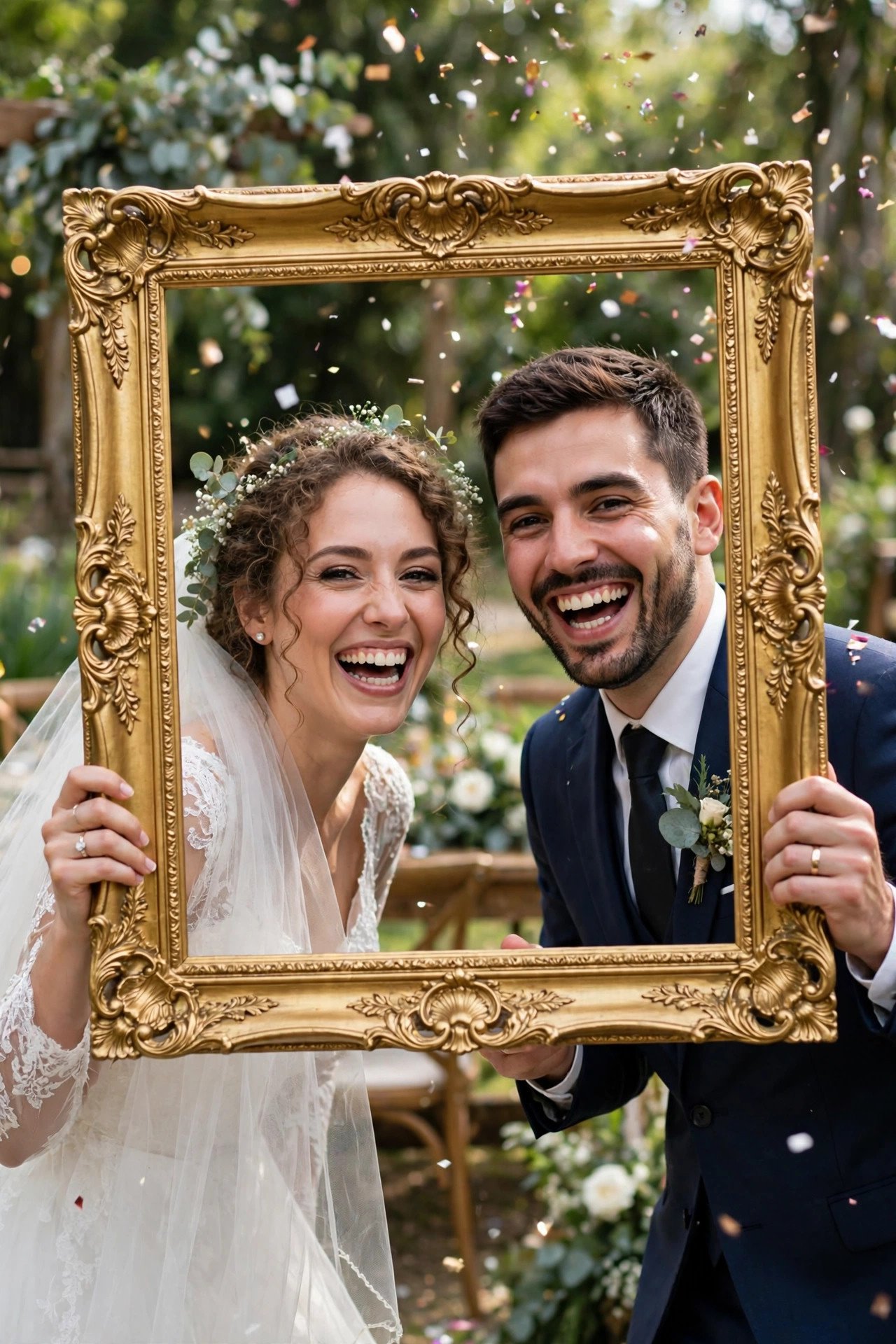 Bride and groom holding a large gold spray-painted UNG DRILL empty frame as a fun photo prop