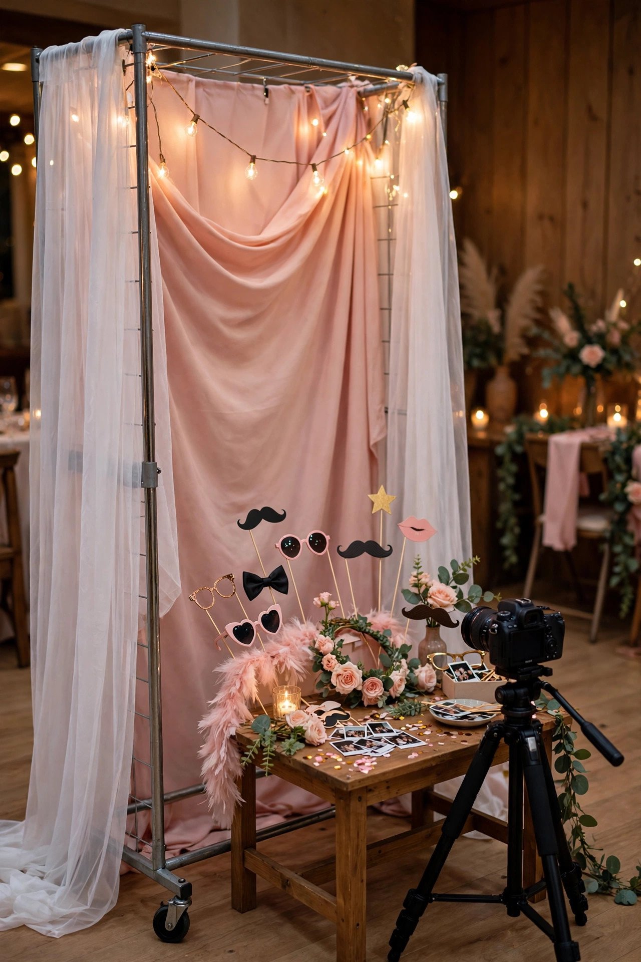 Instant wedding photo booth made from a RIGGA clothing rack draped with LILL sheer curtains