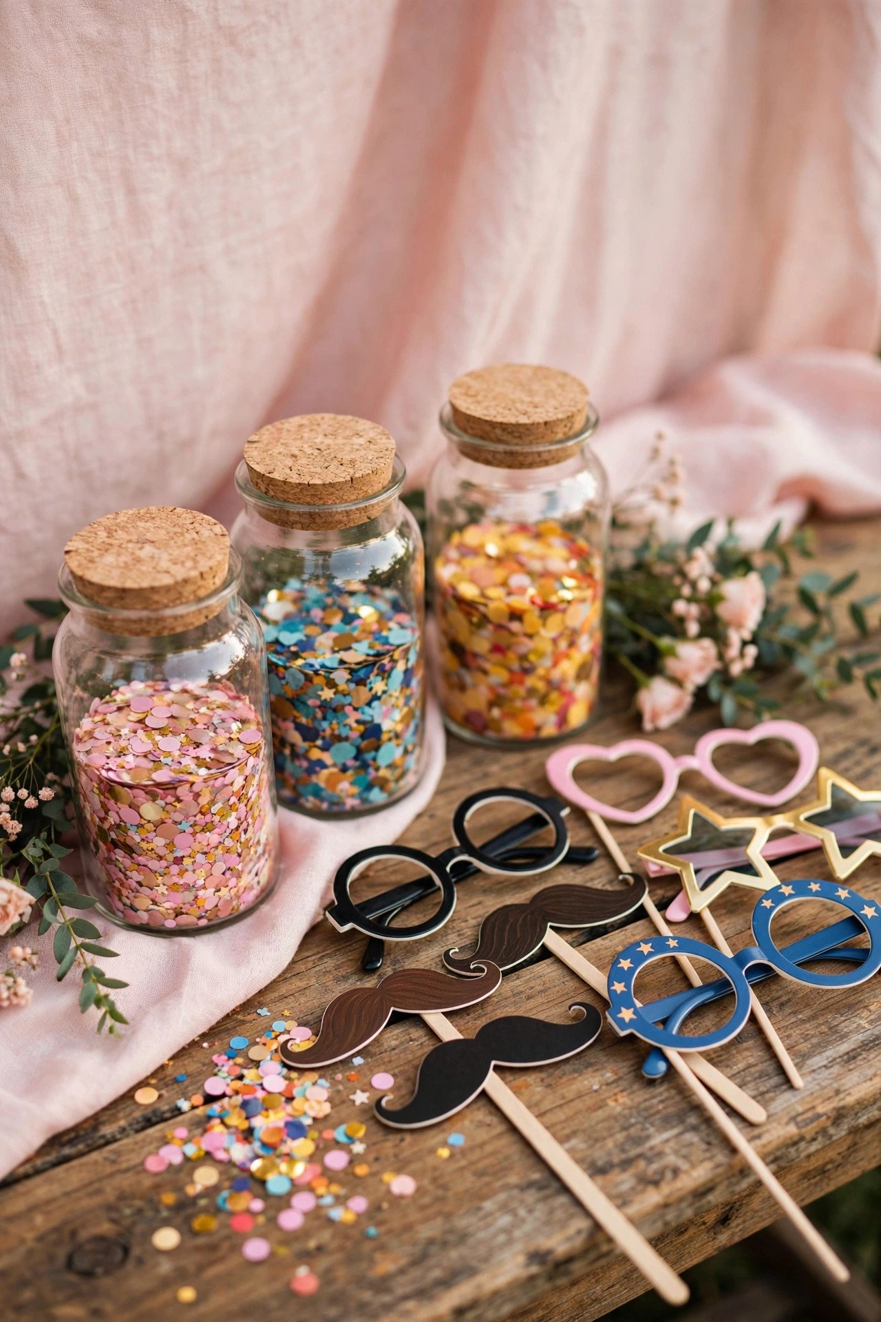 KORKEN glass jars filled with confetti and photo booth props on a rustic wedding table