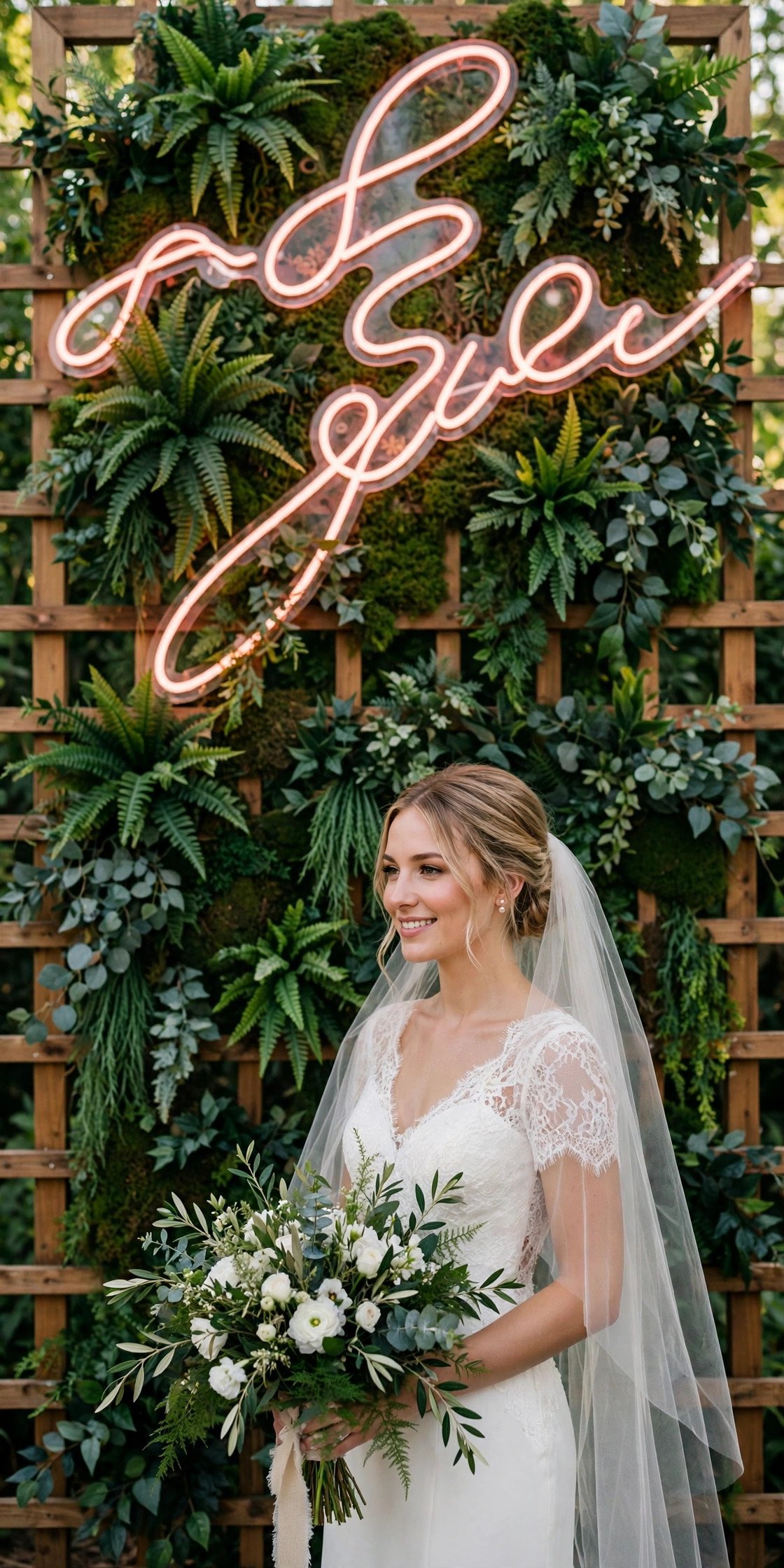 FEJKA artificial green plant wall on a trellis as a wedding photo backdrop with a bride
