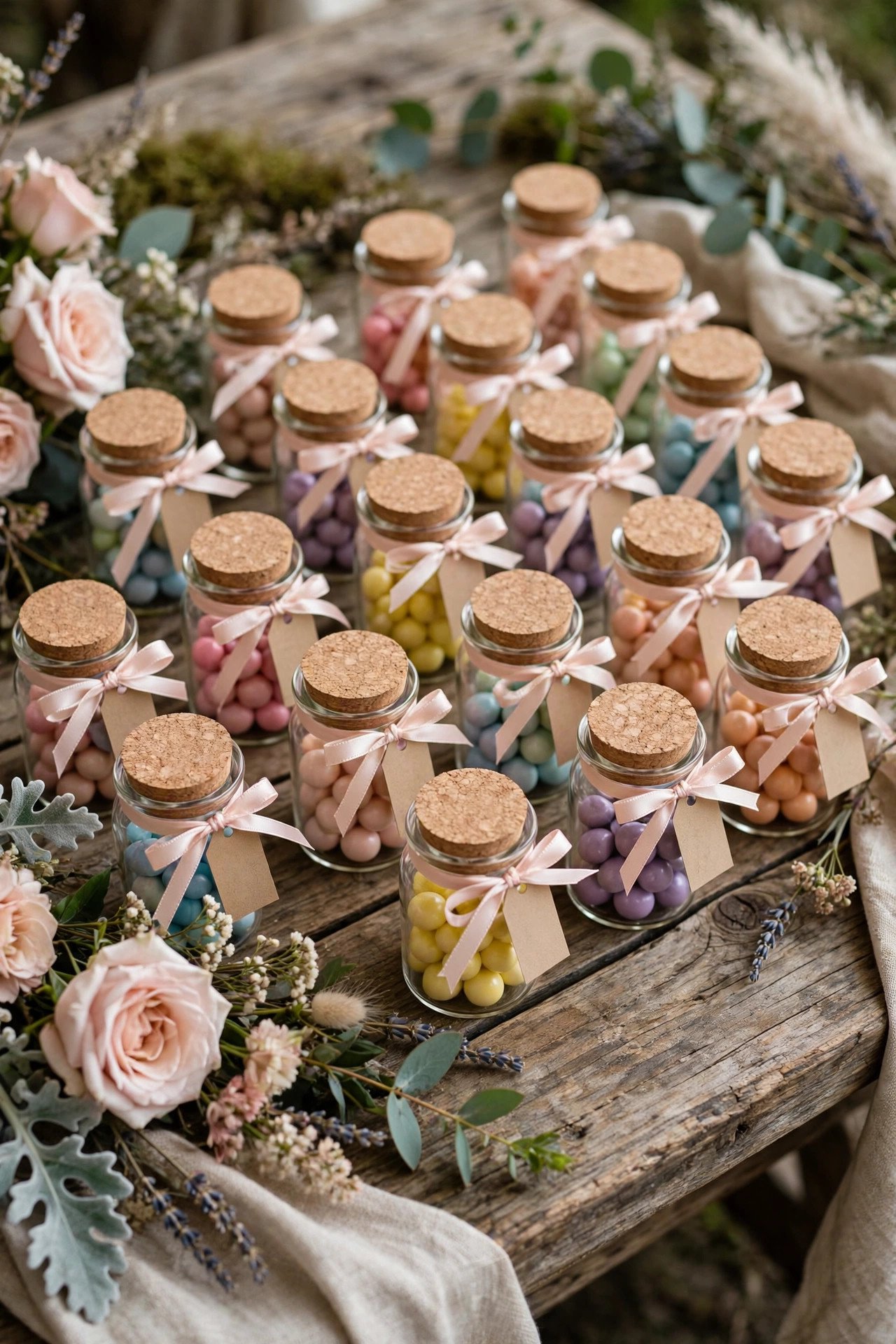 KORKEN glass jars with cork lids filled with candies and ribbon as wedding favors