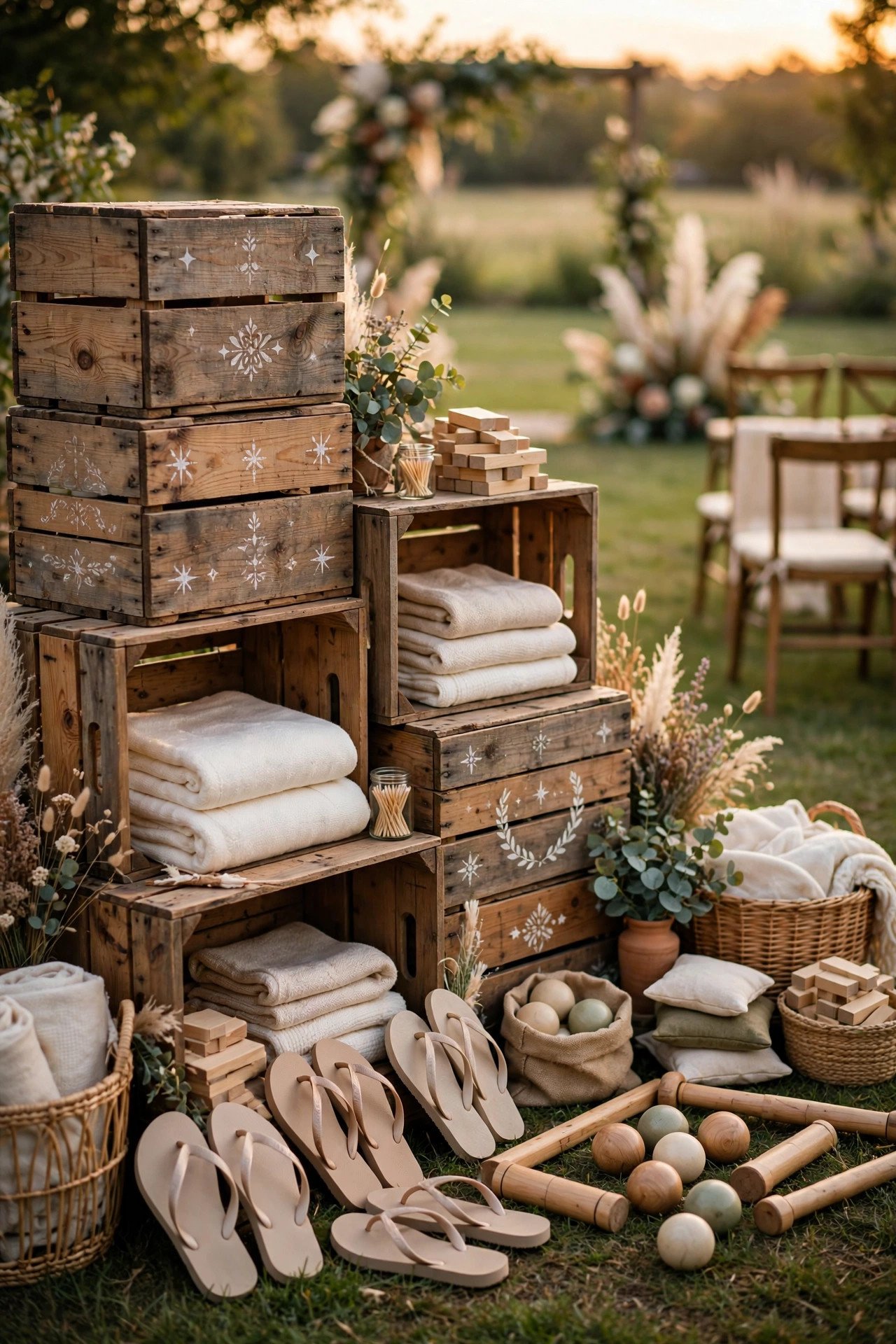 KNAGGLIG pine crates as a wedding comfort station with blankets, flip-flops and lawn games