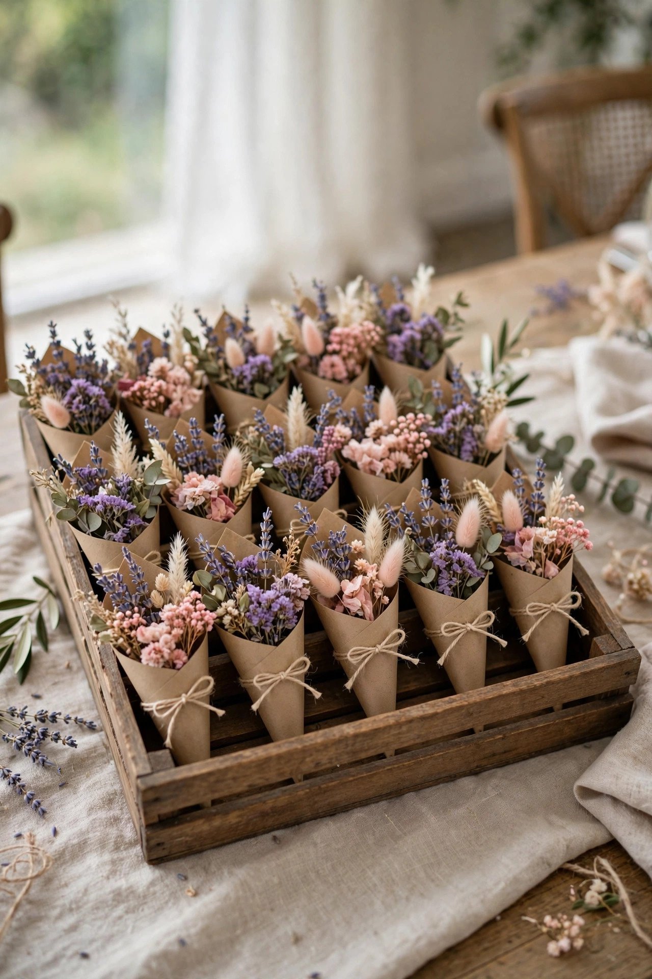 Paper cones with SMYCKA dried lavender and blush flowers as wedding favors in a wooden crate