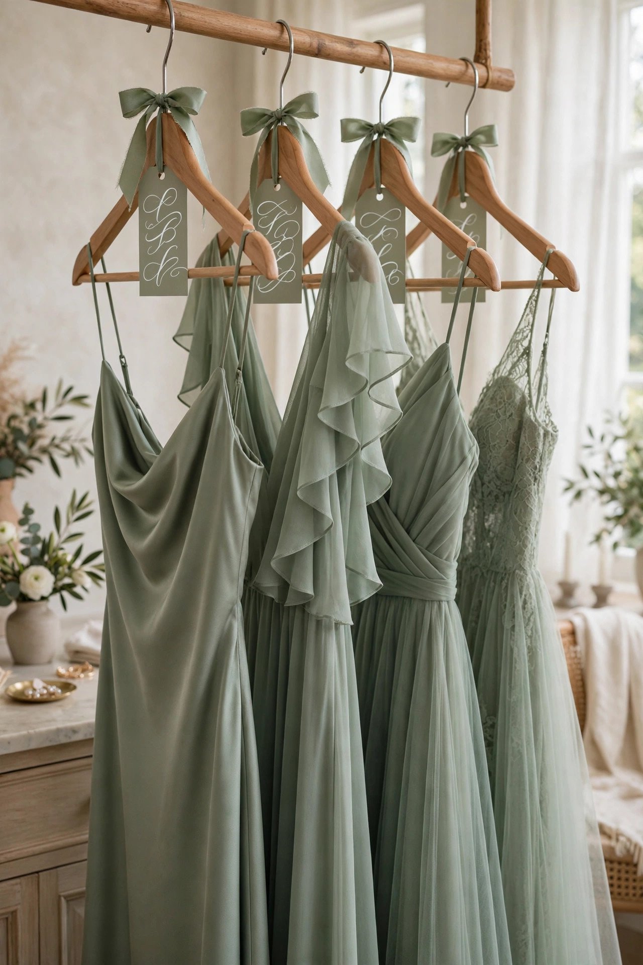 BUMERANG wooden hangers personalized with names and sage ribbon holding bridesmaid dresses
