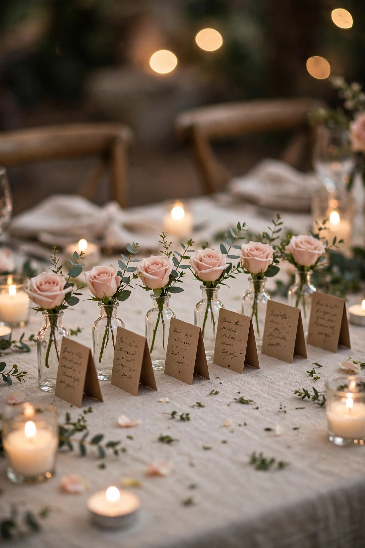 Small CYLINDER bud vases with single roses as take-home wedding favors on a candlelit table