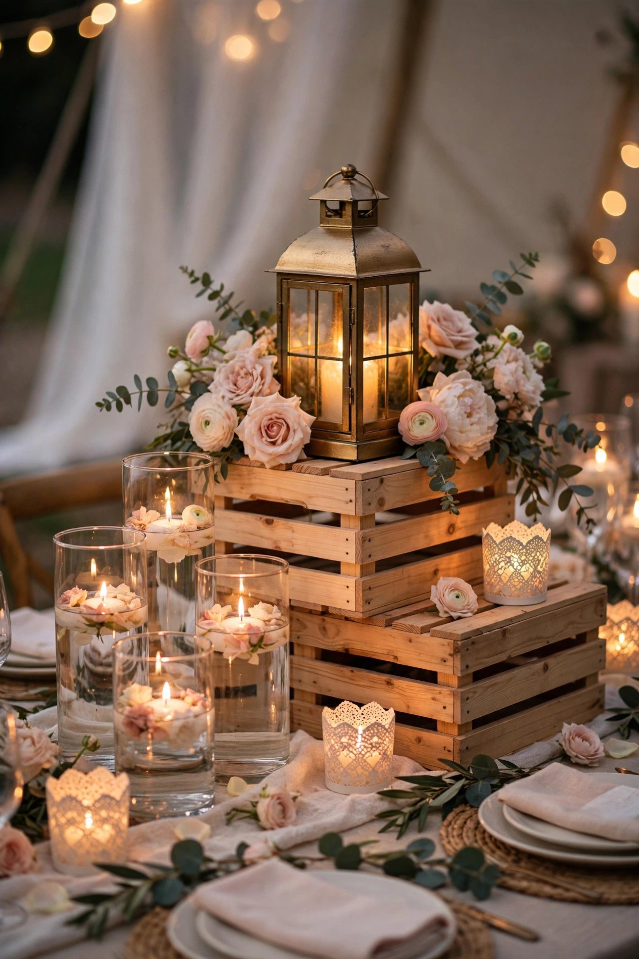 Wedding reception tablescape styled with IKEA decor hacks — glass vases, candles and gold lanterns