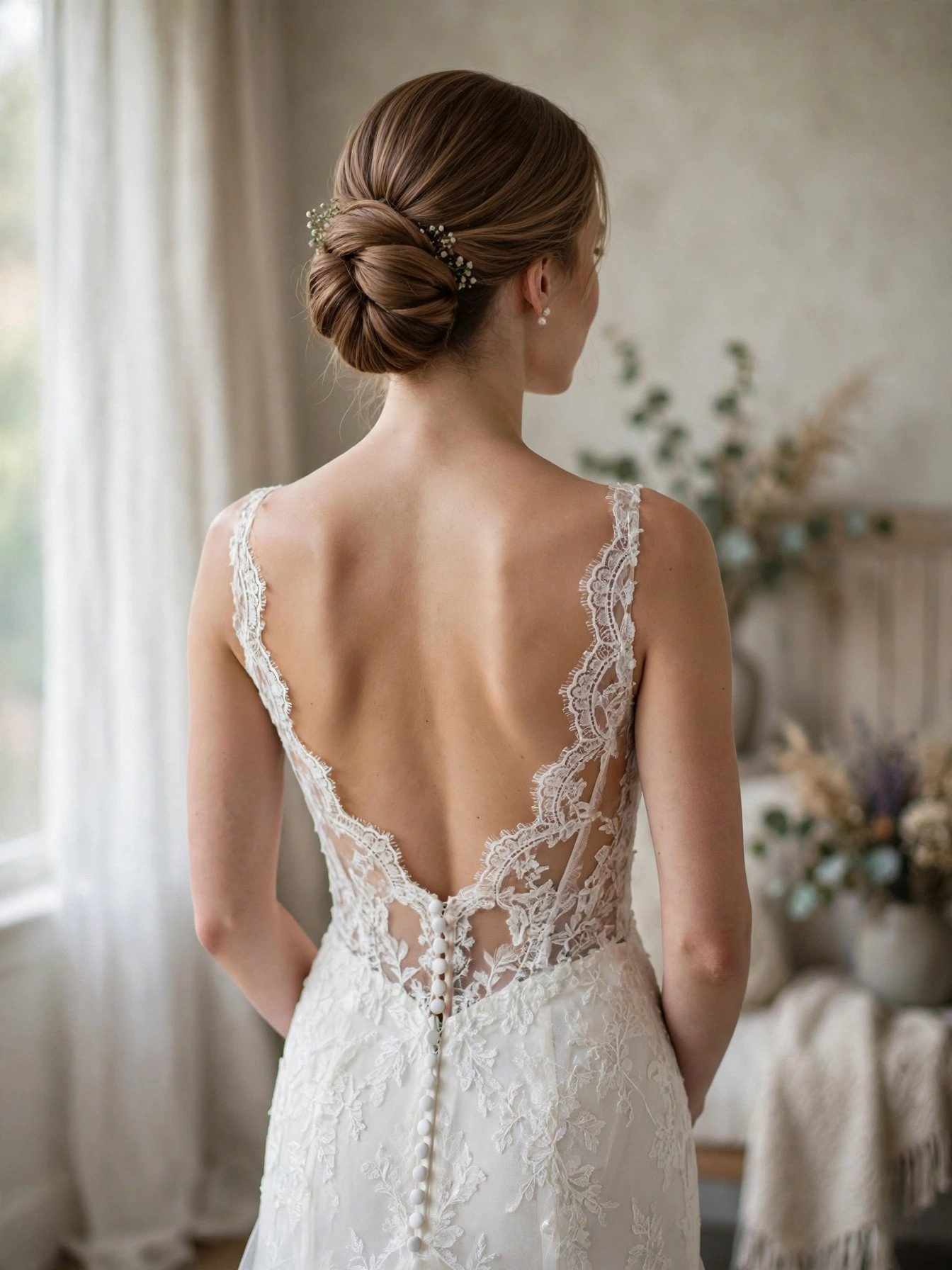 Bride with elegant updo showing off backless wedding gown