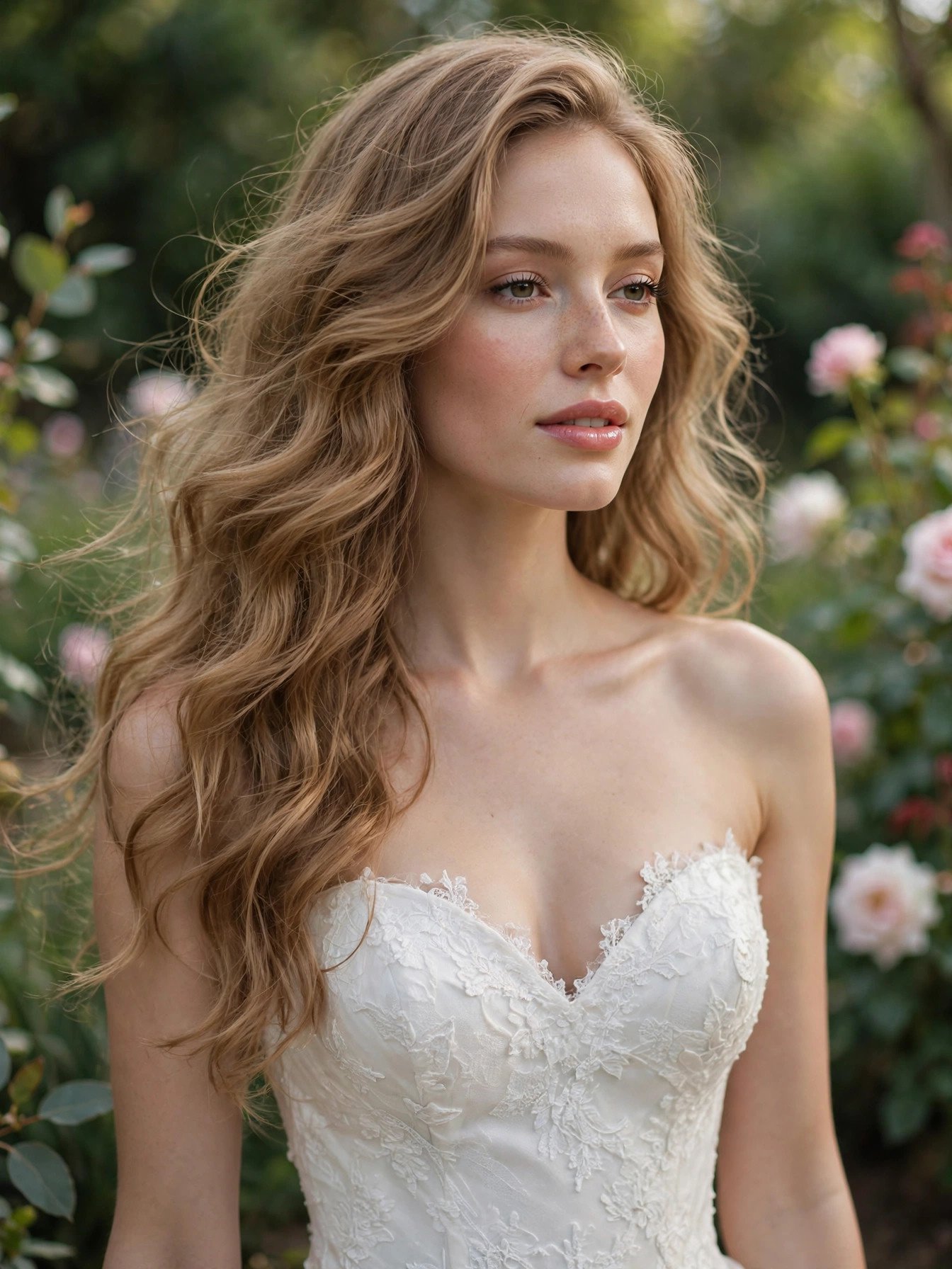 Bride with flowing waves wearing strapless sweetheart wedding gown